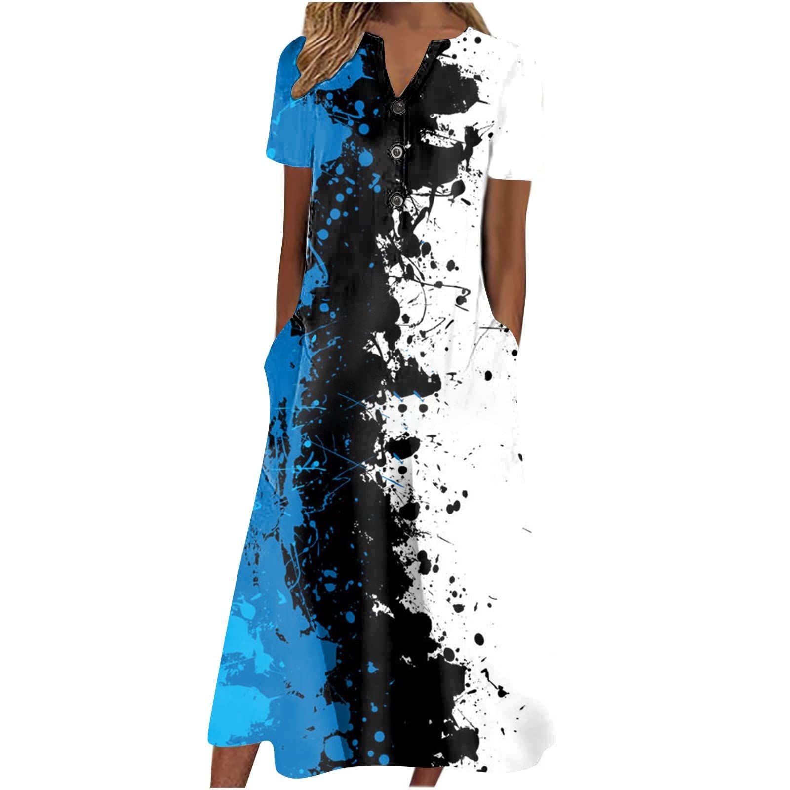 Kcocoo Women's Summer Floral V-Neck Button Short Sleeve Casual Dress with Pockets | Beach Vacation, Outdoor Date, Party Wear