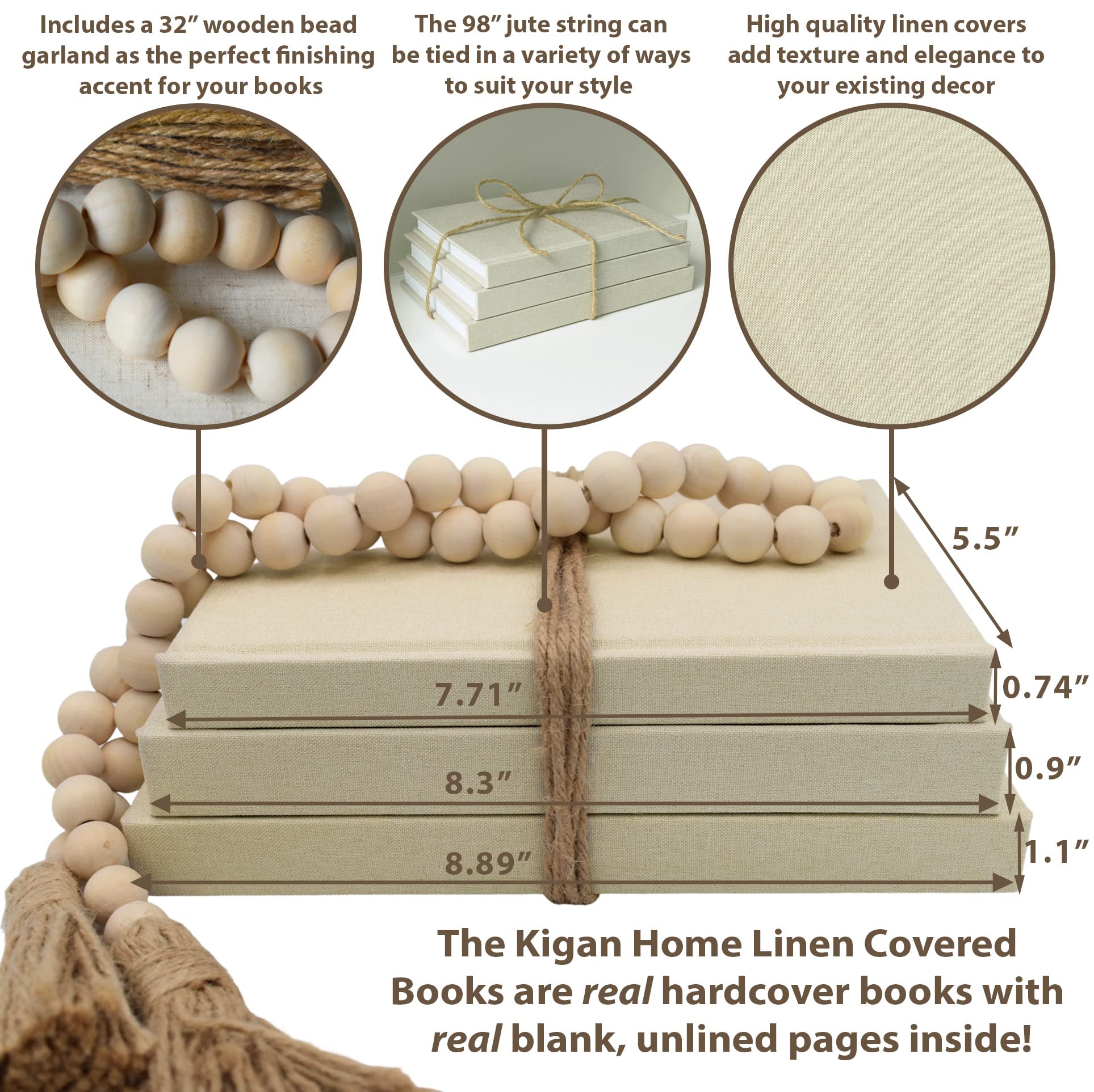 Decorative Fabric Books Set of 3 - Neutral Latte Beige Linen Books with Wooden Bead Garland for Boho Home Decor | Bookshelf Styling, Fireplace Mantel Decor, Coffee Table Centerpiece, Tiered Tray Display | Perfect for Living Room, Bedroom & Office Decor