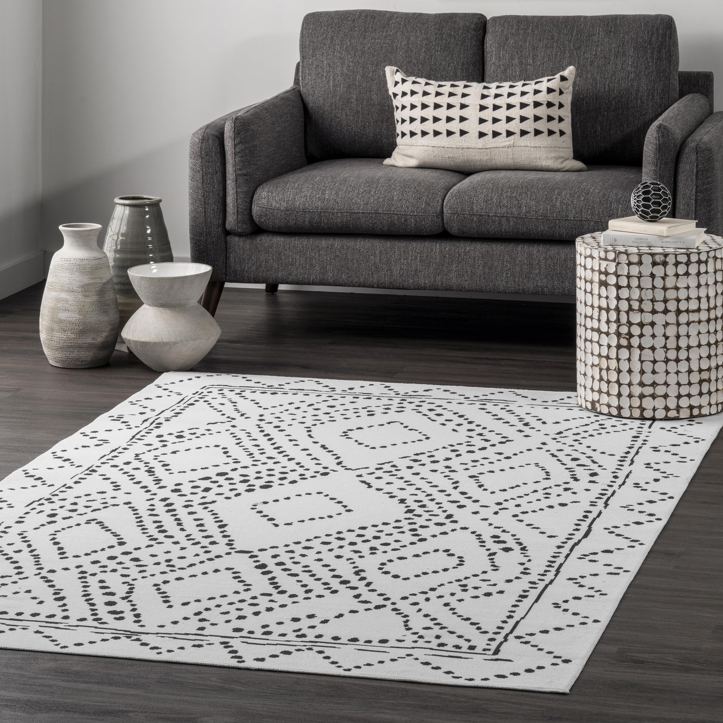 nuLOOM 8' Square SpinClean Machine Washable Stain-Resistant Area Rug with Non-Slip Backing - Low Profile Soft Rug for Living Room, Bedroom, Dining Room - Mila White - Perfect for High Traffic Areas, Pet-Friendly Homes & Modern Interior Decor