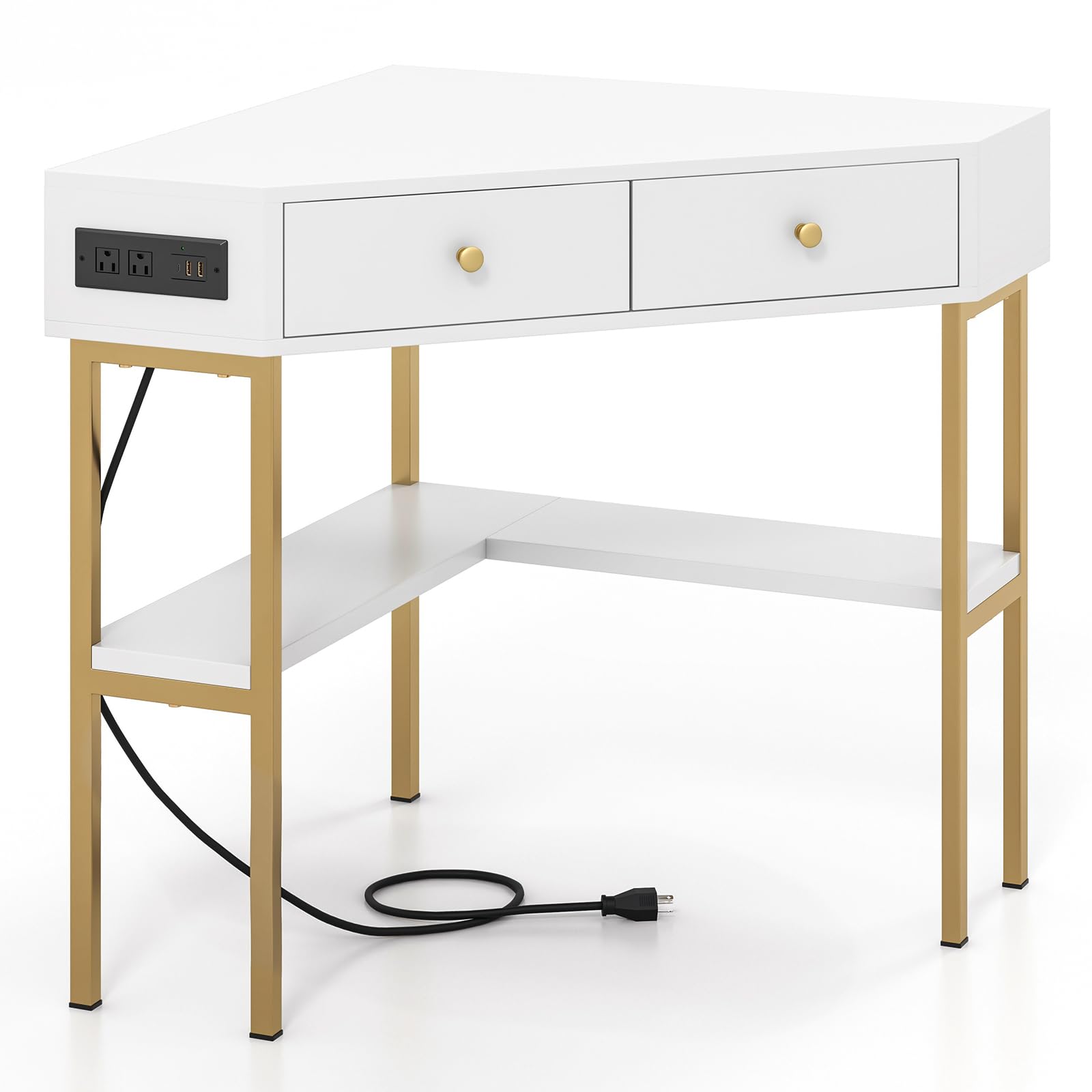 Corner Desk with Charging Station & Storage - 90° Triangle Computer Desk with 2 Drawers & Shelves - Compact Home Office Desk for Small Spaces - Perfect for Bedroom, Dorm, or Apartment Workspace