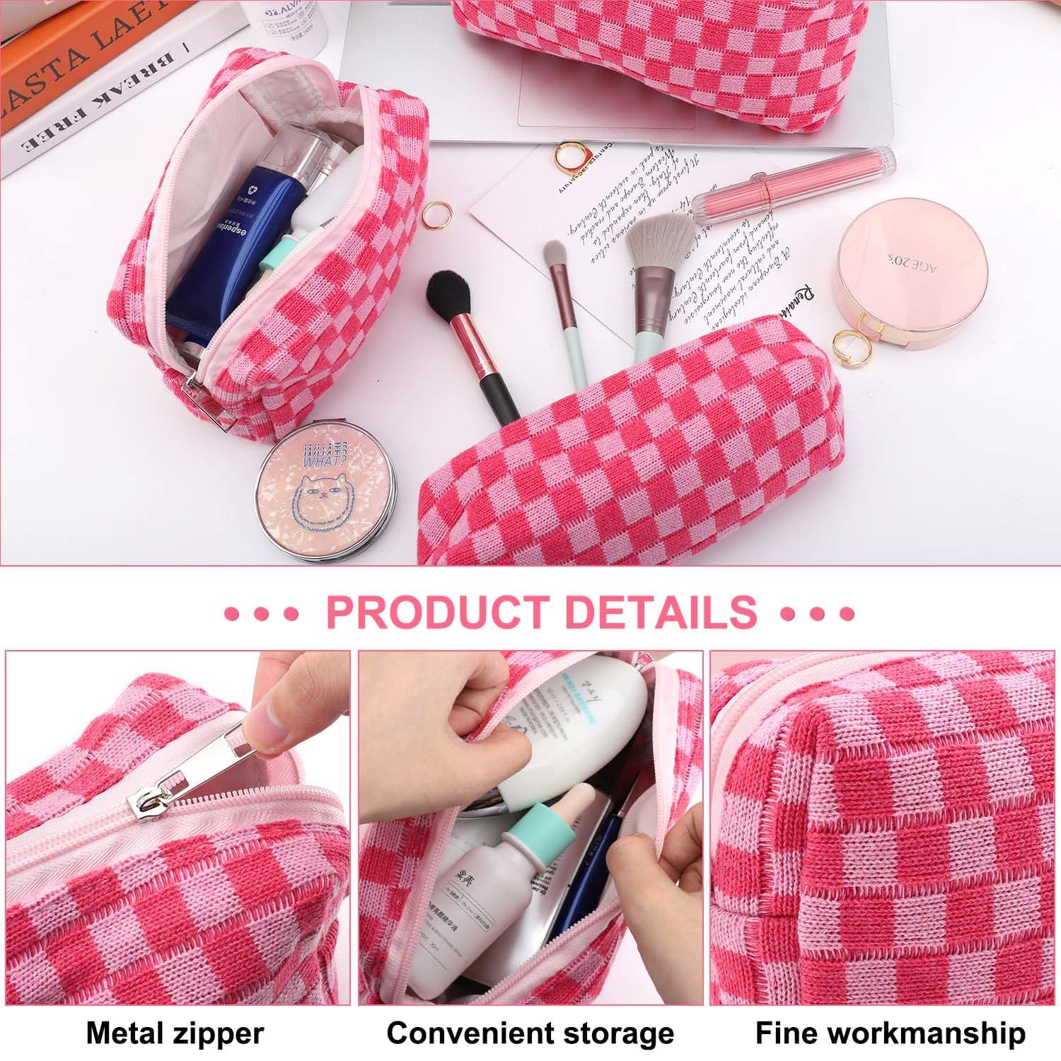 EIMMBD 3-Piece Large Capacity Checkered Makeup Bag Set - Waterproof Canvas Cosmetic Organizer for Travel, Toiletries & Beauty Essentials - Cute Rose Pattern Storage Pouch for Women | Perfect for Vacation, Gym, Daily Use & Gift Giving