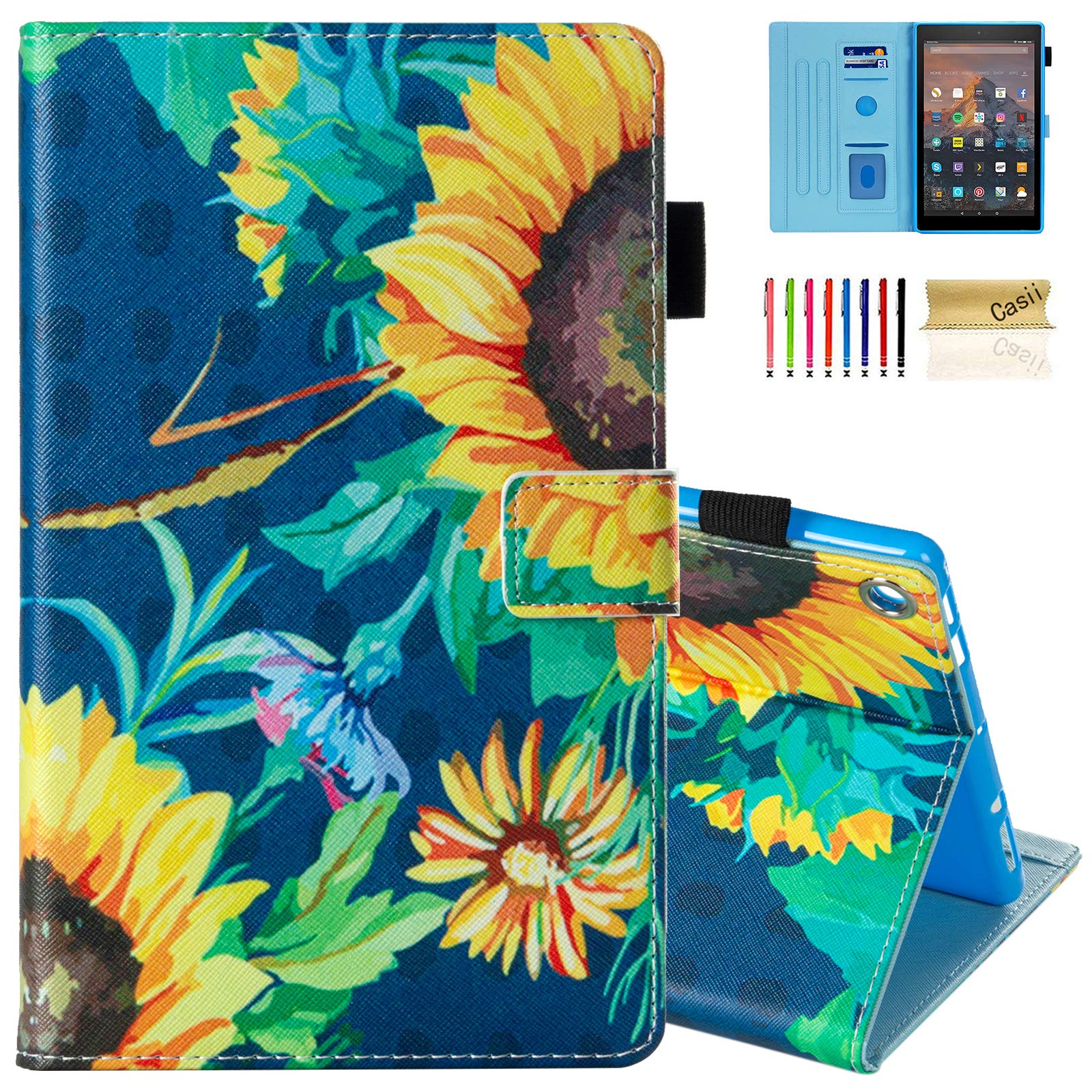 Casii Slim Magnetic Flip Case for Kindle Fire HD 10 Tablet (2015/2017/2019) - Protective Cover with Auto Sleep/Wake & Multi-Angle Stand | Sunflower Design | Perfect for Reading, Watching Movies and Traveling