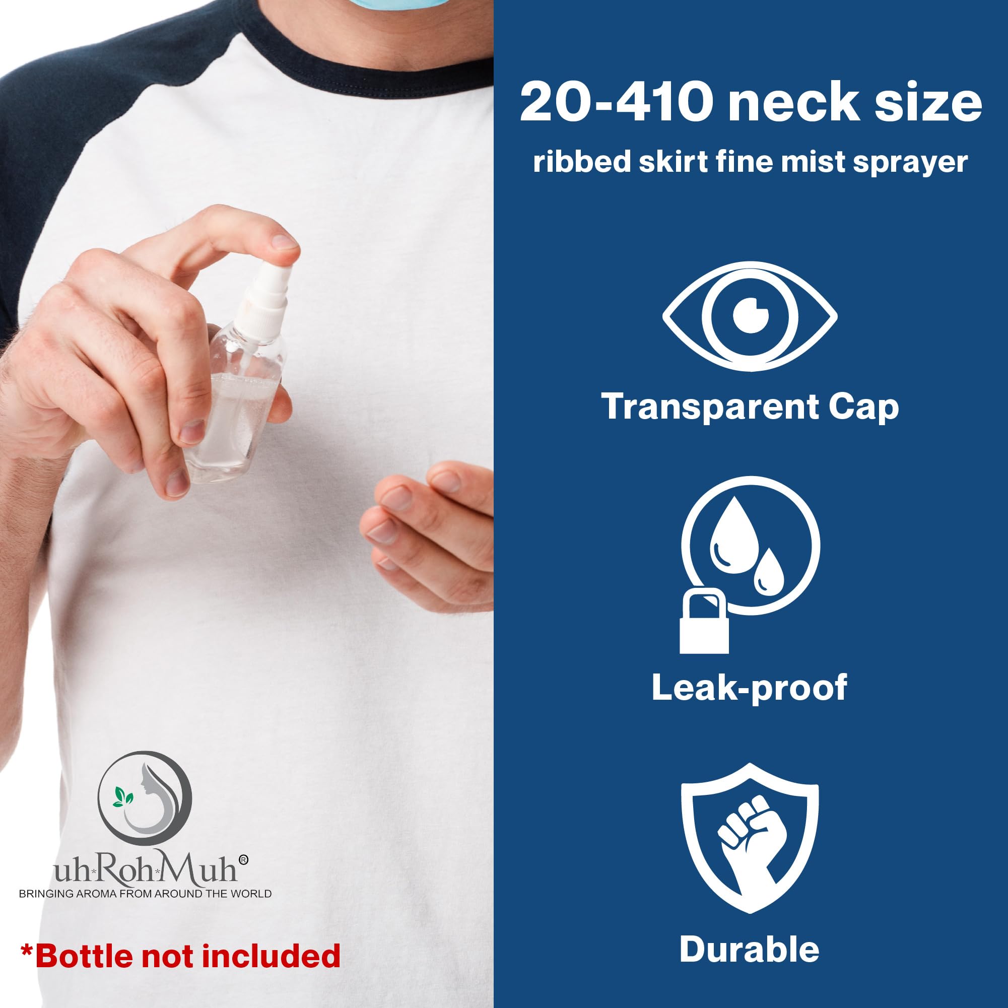 uh*Roh*Muh 20-410 Black Ribbed Neck Mist Sprayer (Pack of 25) - Fine Mist Bottle for Hair Care, Skin Care & Cleaning Solutions - Includes Clear Plastic Overcap for Safe Storage - Ideal for Salons, Spas & Home Use