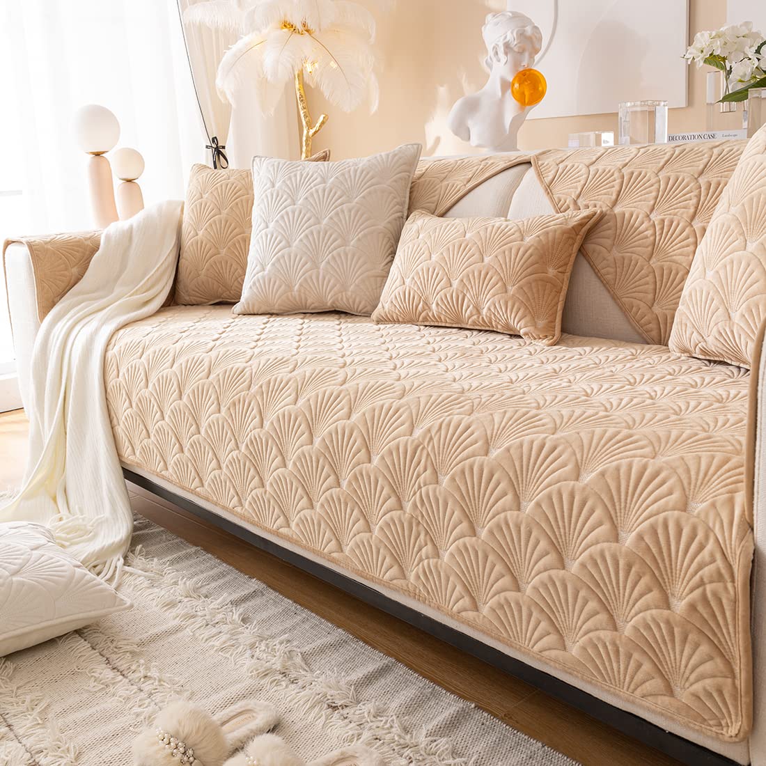VCTOPS Super Soft Velvet Quilted Sofa Cover - Non-Slip Sectional Couch Slipcover with Leaf Pattern, Plush Furniture Protector for Living Room, Bedroom - Fits Pets & Kids (28