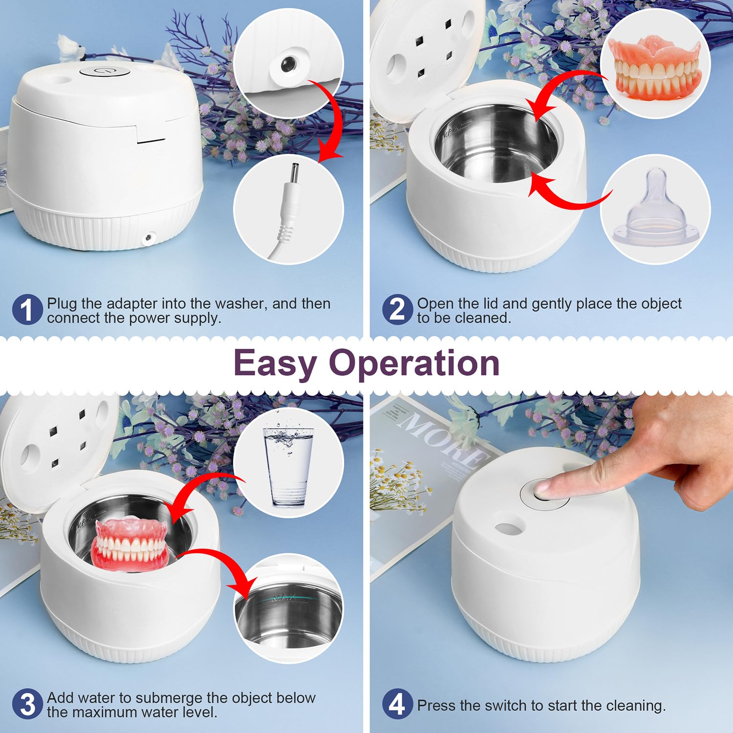 Ultrasonic Cleaner for Dentures & Jewelry - 45kHz Portable U-V Cleaning Machine for Aligners, Watch Bands & Makeup Brushes - Stainless Steel Design