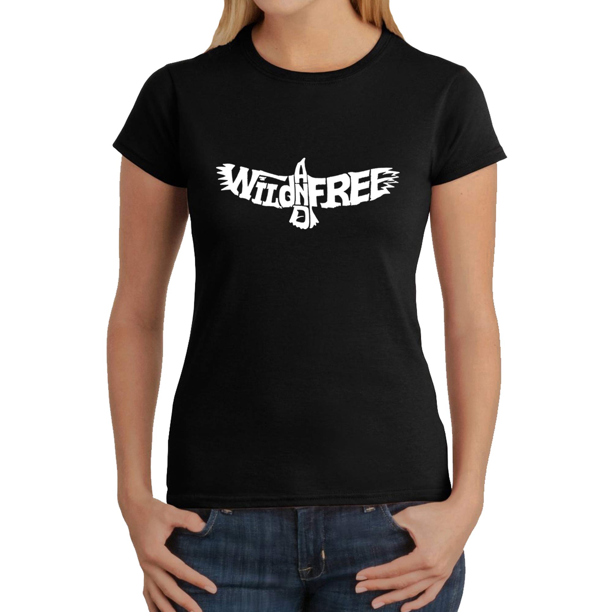 LA POP ART Women's Word Art T-Shirt - Wild and Free Eagle Graphic Tee | Vintage Inspired Casual Top for Women | Perfect for Outdoor Adventures, Concerts & Everyday Wear