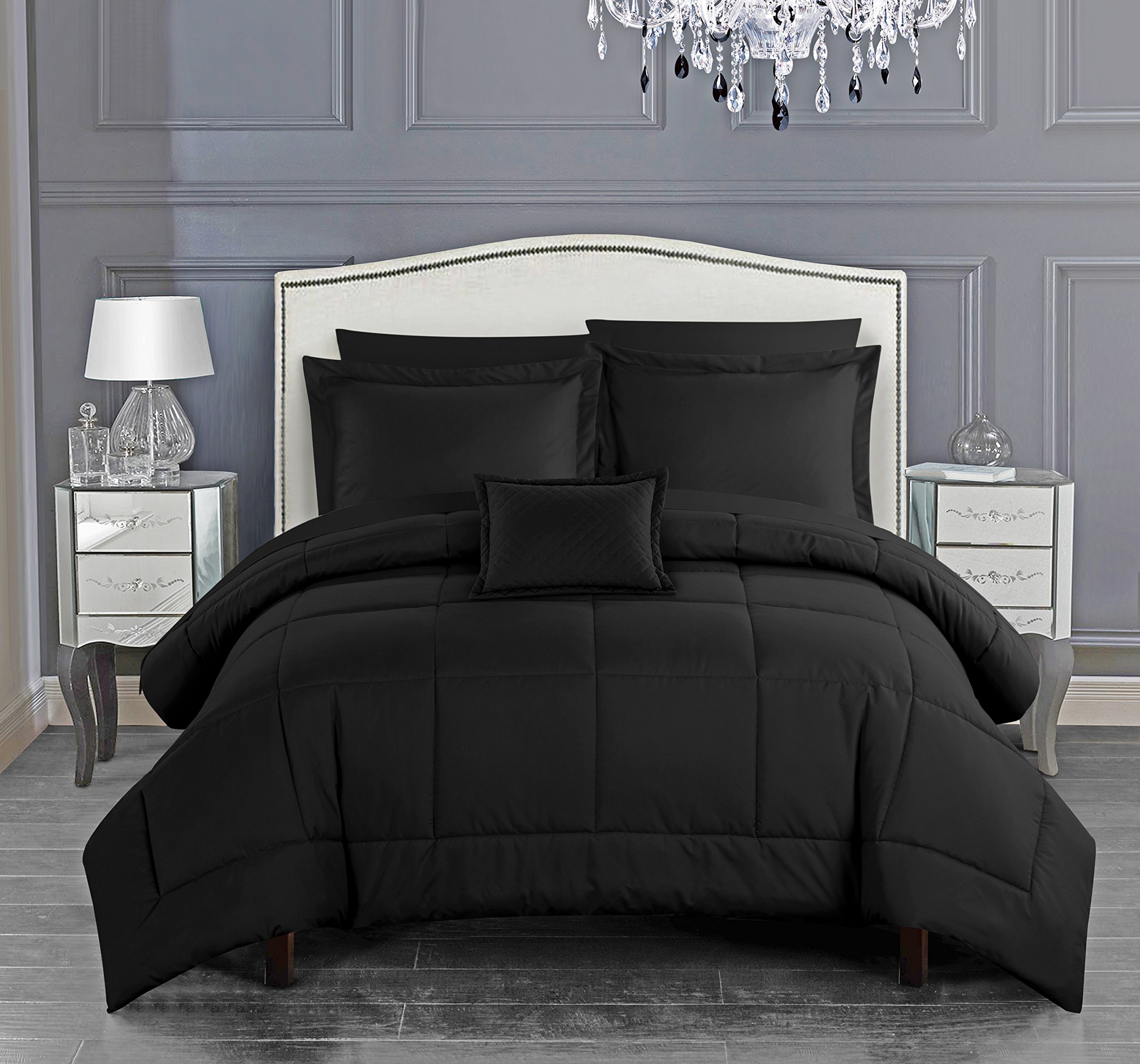 Josaia 8-Piece Queen Comforter Set - Solid Color Stitched Design Bed in a Bag with Sheets & Decorative Pillow Shams | Black Luxury Bedding for Master Bedroom, Guest Room & Dorm Decor