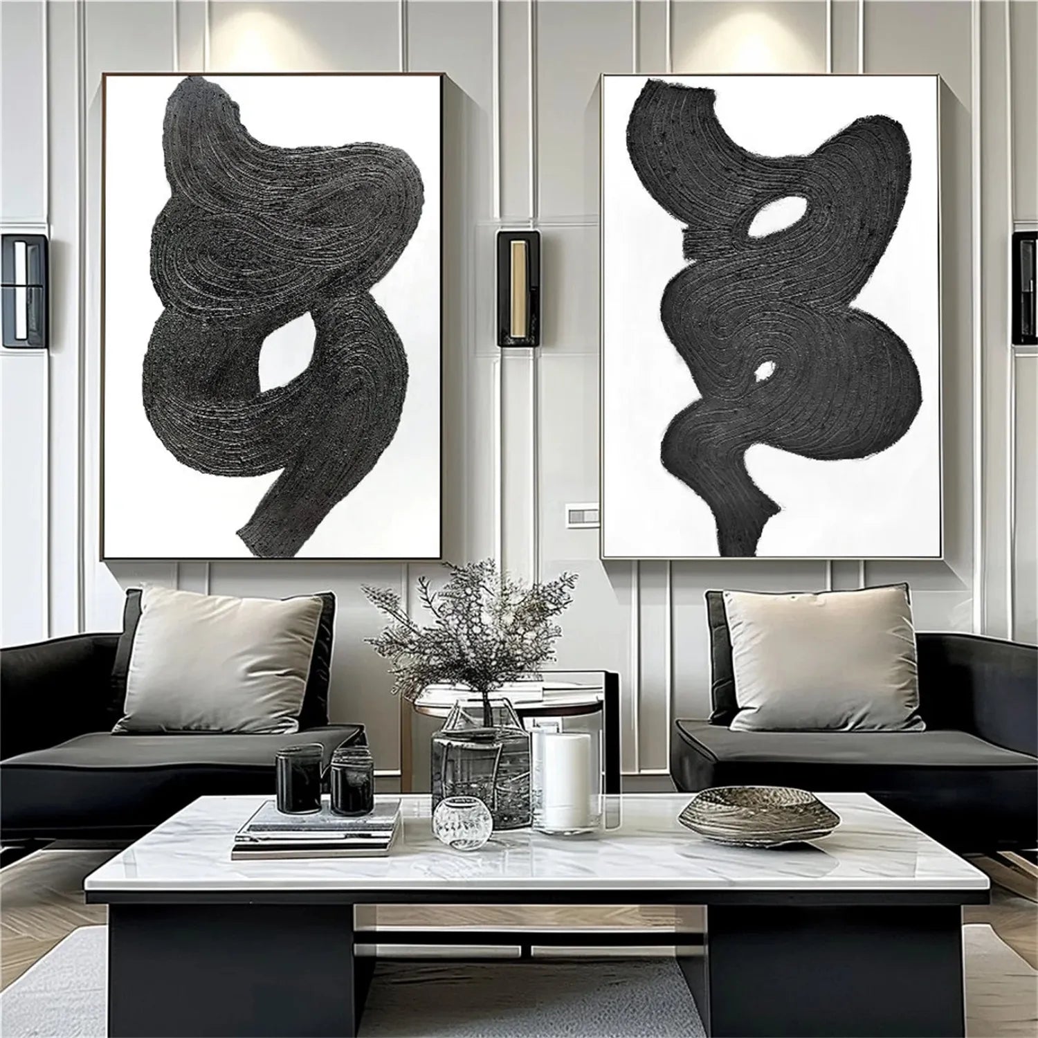 Black and White Textured Minimalist Wall Art Set of 2 - Modern Abstract Canvas Paintings for Living Room, Bedroom & Office Decor #MZ114