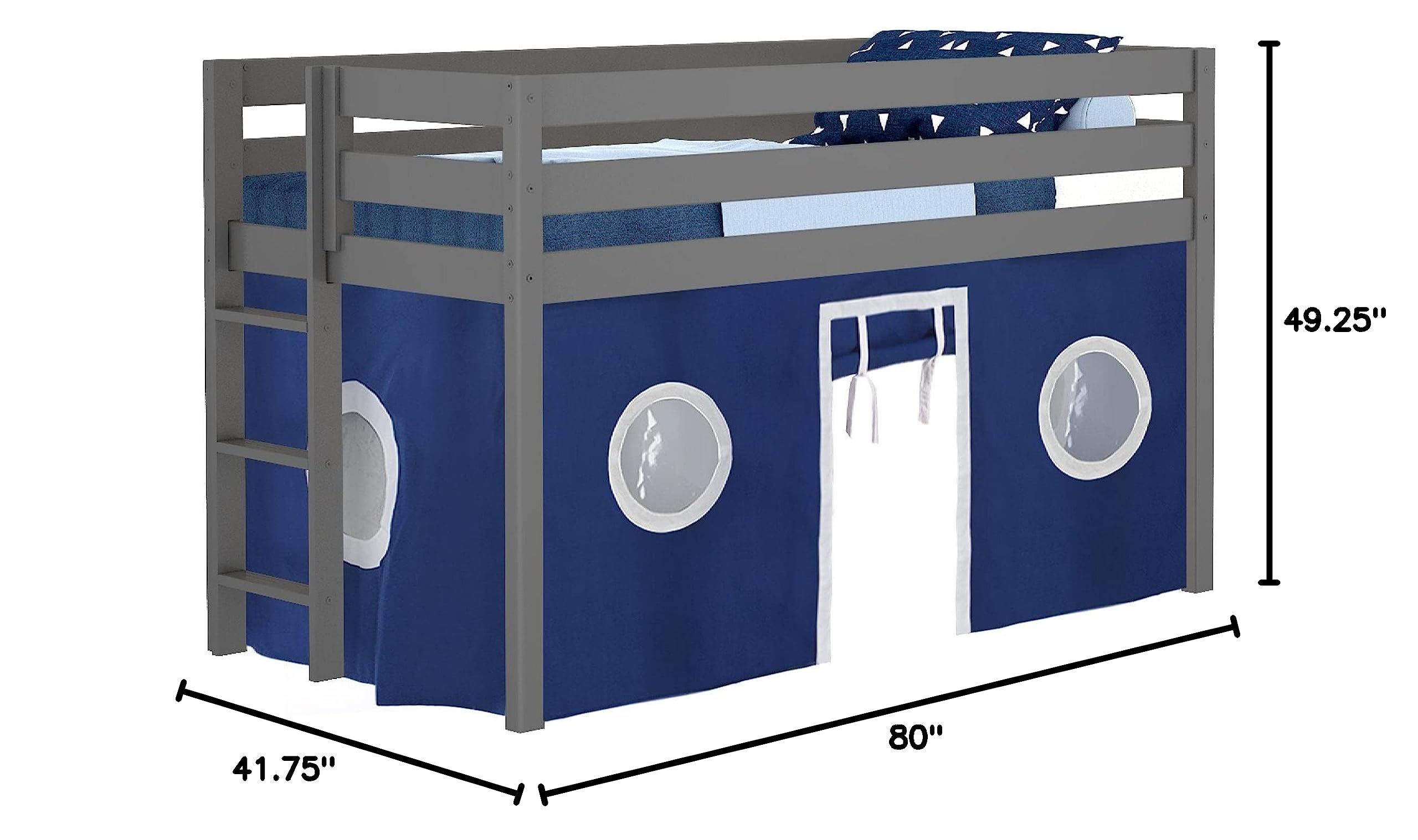Modern Low Loft Twin Bed with End Ladder - Gray & Blue White Tent Design - Perfect for Kids' Bedroom, Dorm Room or Small Space Decor