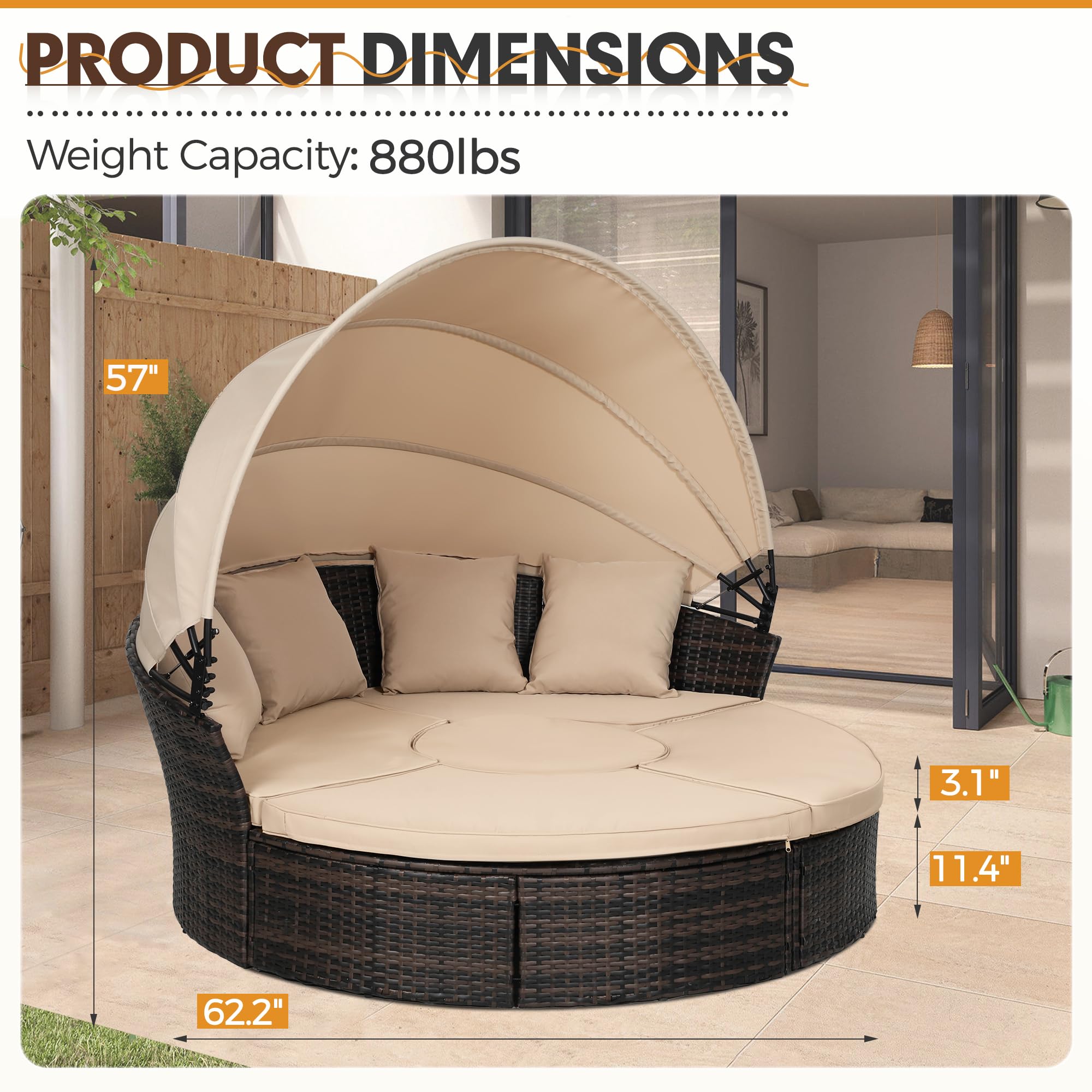 Outdoor Patio Round Daybed with Retractable Canopy - Adjustable Clamshell Sectional Wicker Furniture Set with Washable Cushions - Perfect for Backyard, Porch, Garden & Poolside Lounging - Brown