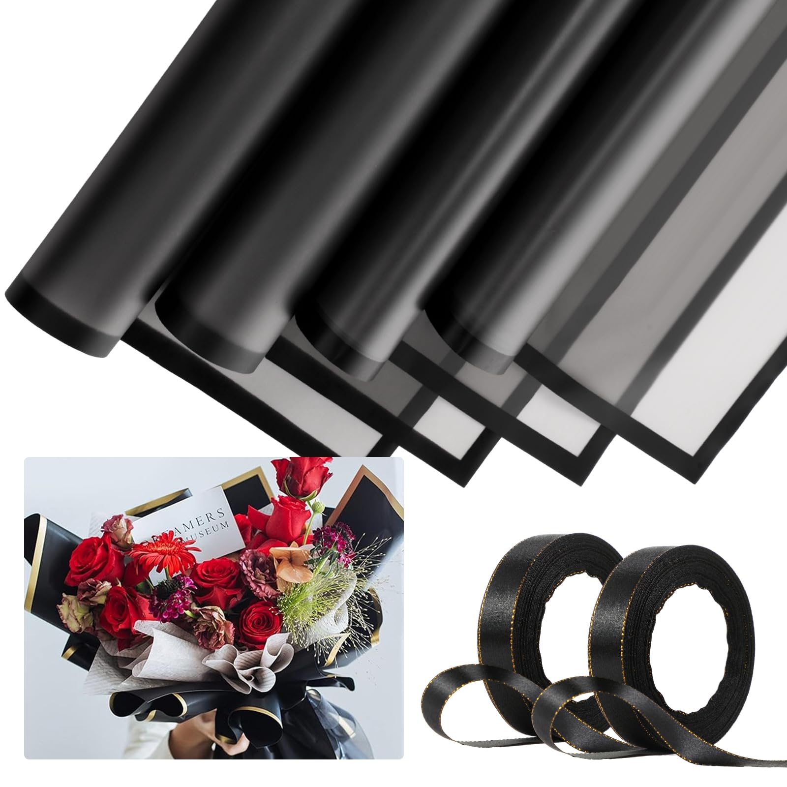 Tenare 36-Piece Waterproof Floral Wrapping Paper Set with 50-Yard Double-Sided Satin Ribbon - Frosted Bouquet Wrap for Mother's Day, Graduation, Wedding & Party Flower Arrangements (Black)