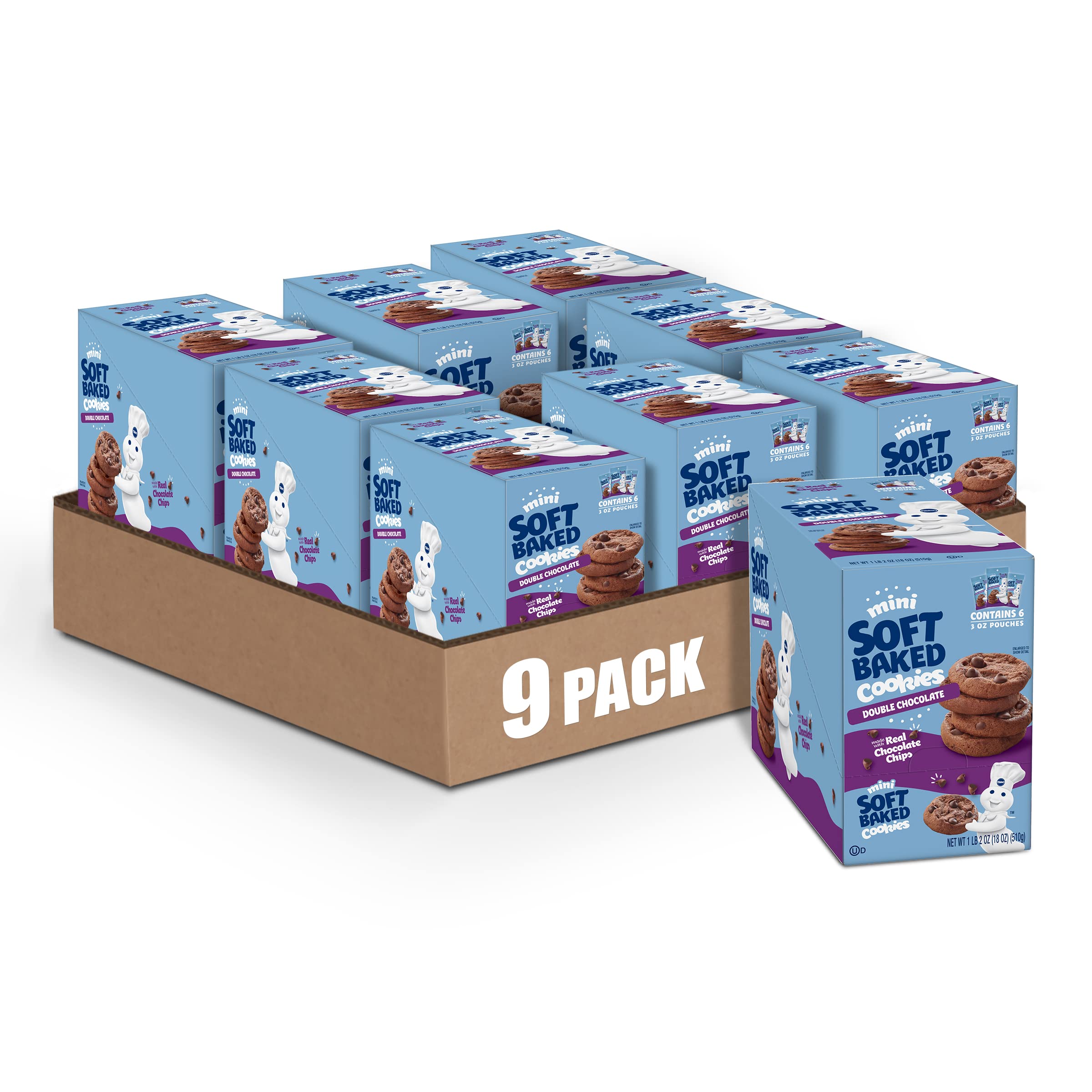 Pillsbury Mini Double Chocolate Cookies - 6 Count, 18 oz (Pack of 9) | Soft Baked Chocolate Chip Cookies for Snacks, Parties & Lunchboxes | Perfect for Kids, Office Treats & Holiday Desserts