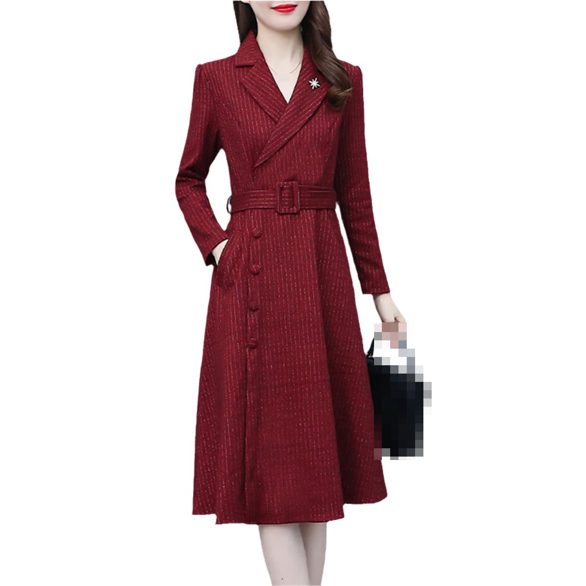 Ruereuu Women's Korean Party Stripe Long Sleeve Midi Dress - Elegant Floral Print A-Line Dress for Date Night, Wedding Guest, Cocktail Party & Special Occasions