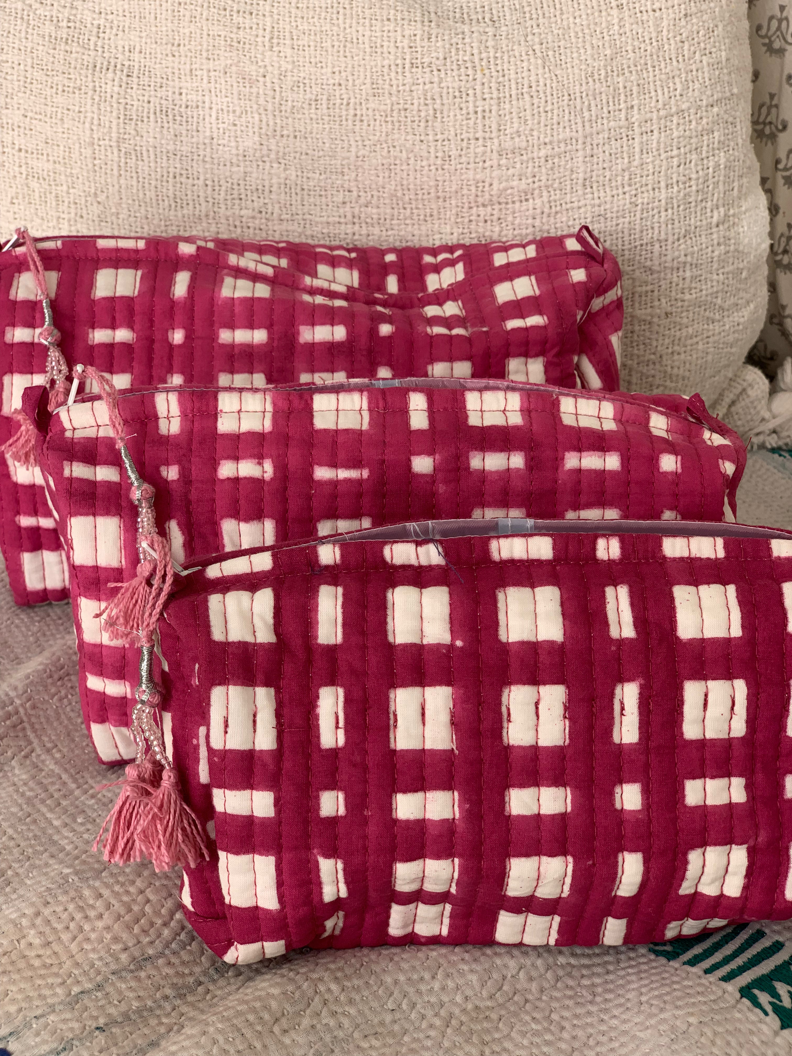 Handmade Block Printed Cotton Cosmetic Bags - Eco-Friendly Travel Organizer (3 Sizes) - Perfect for Makeup Storage, Gym Essentials & Toiletry Travel Cases