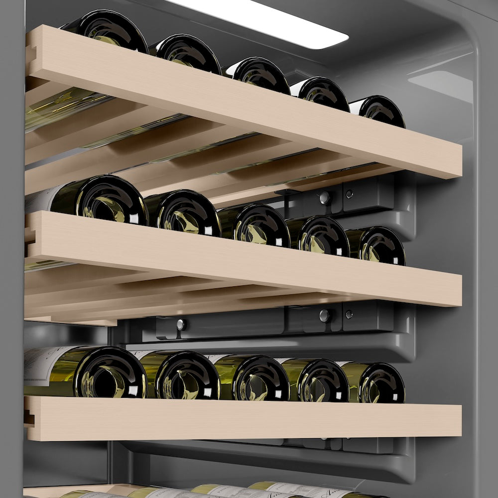 ZLINE Autograph Edition 18 Inch 9.0 cu ft Triple Zone 68 Bottle Right Hinge Column Wine Cooler - Satin Stainless Steel with Champagne Bronze Accents (RCWVRZ SN 18 CB) | Perfect for Wine Cellars, Restaurants, and Home Bars