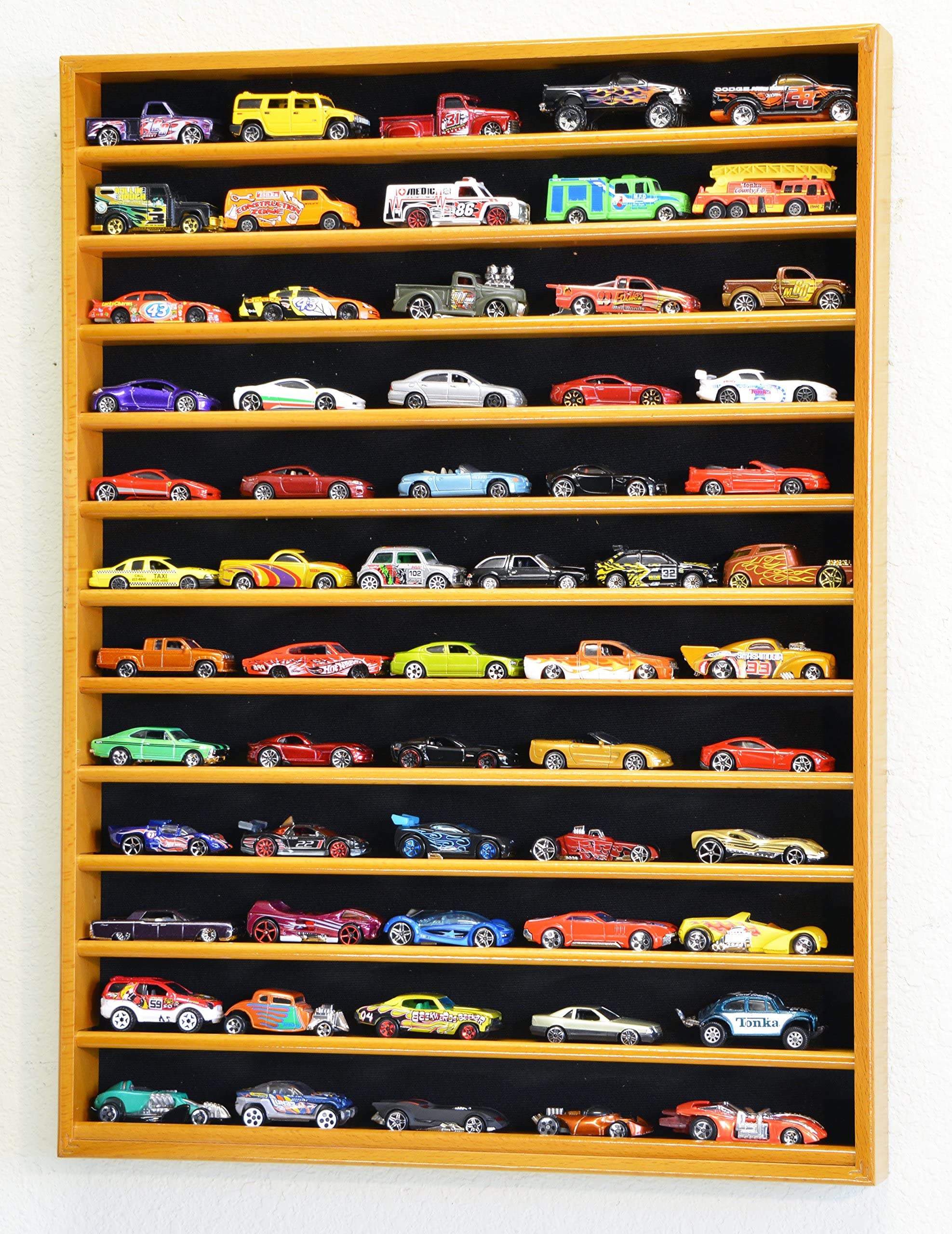 60 Hot Wheels & Matchbox 1/64 Scale Diecast Model Cars Display Case - Oak Wood Finish Collector's Storage for Toy Car Collection - Perfect for Showcase, Playroom Decor & Gift for Car Enthusiasts