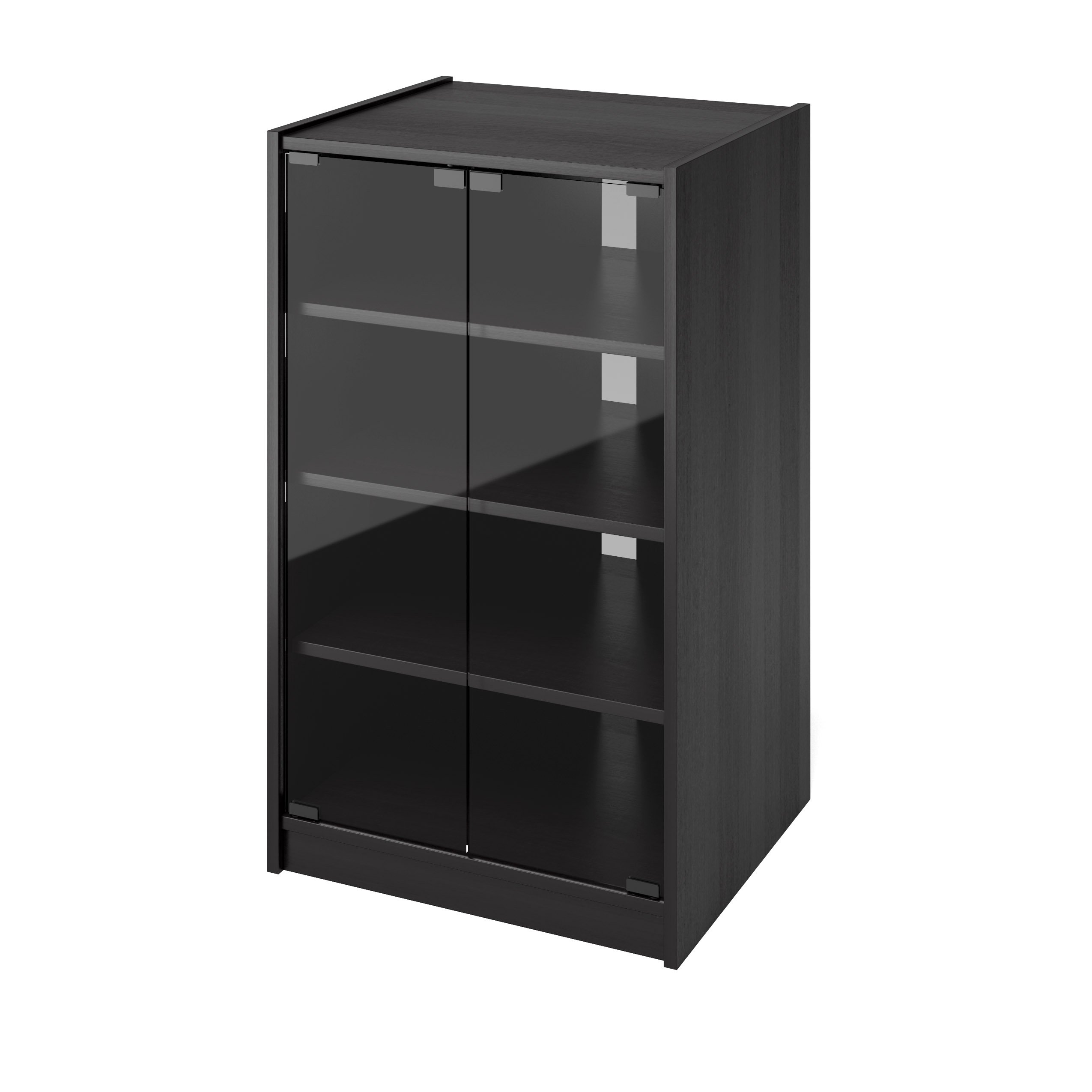 Corliving 4-Tier Media Stand with Adjustable Shelves - Black DVD Storage Cabinet with Tempered Glass Doors & Cable Management - Perfect for Living Room, Home Theater & Game Console Organization