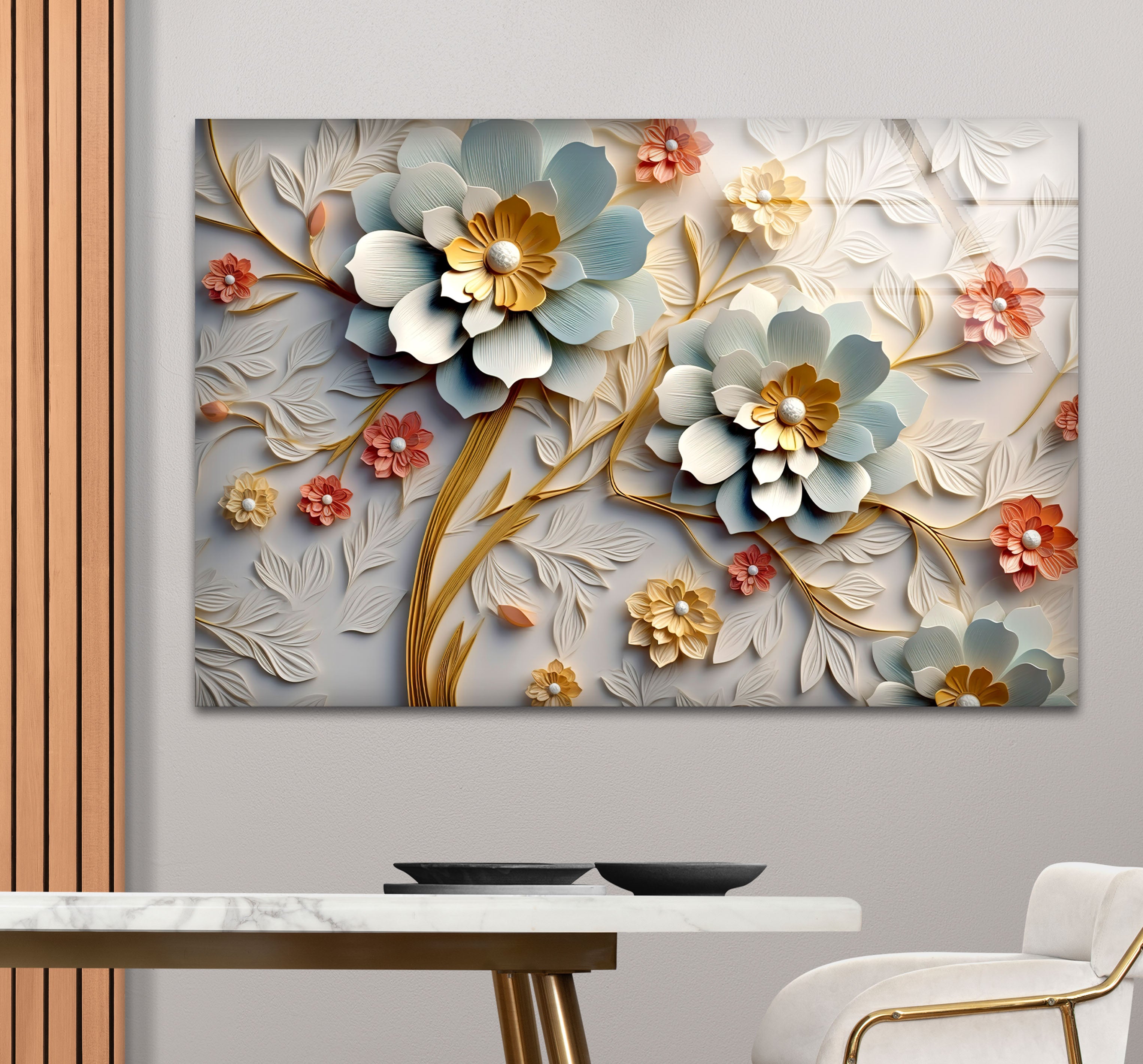 3D Blooming Flower Wall Art - Elegant Embossed Glass Floral Print for Home Decor, Living Room, Bedroom, Office | Modern Botanical Wall Decor for Interior Design