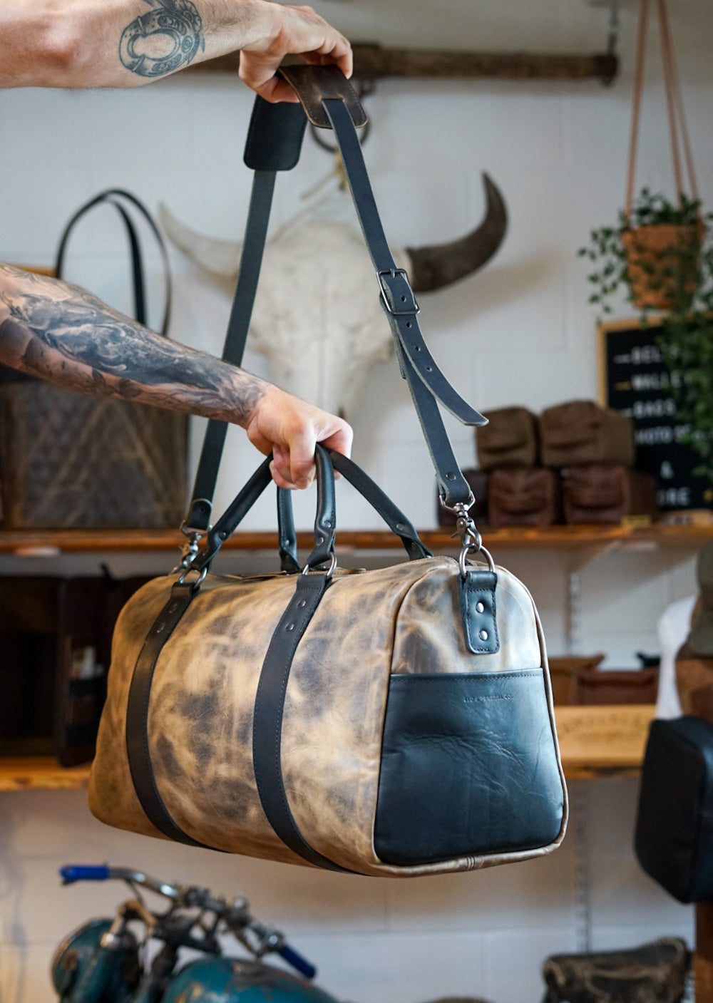 Overnighter Duffle Bag - Hillbilly Sepia & Flat Black Accents - Perfect for Travel, Gym & Weekend Getaways