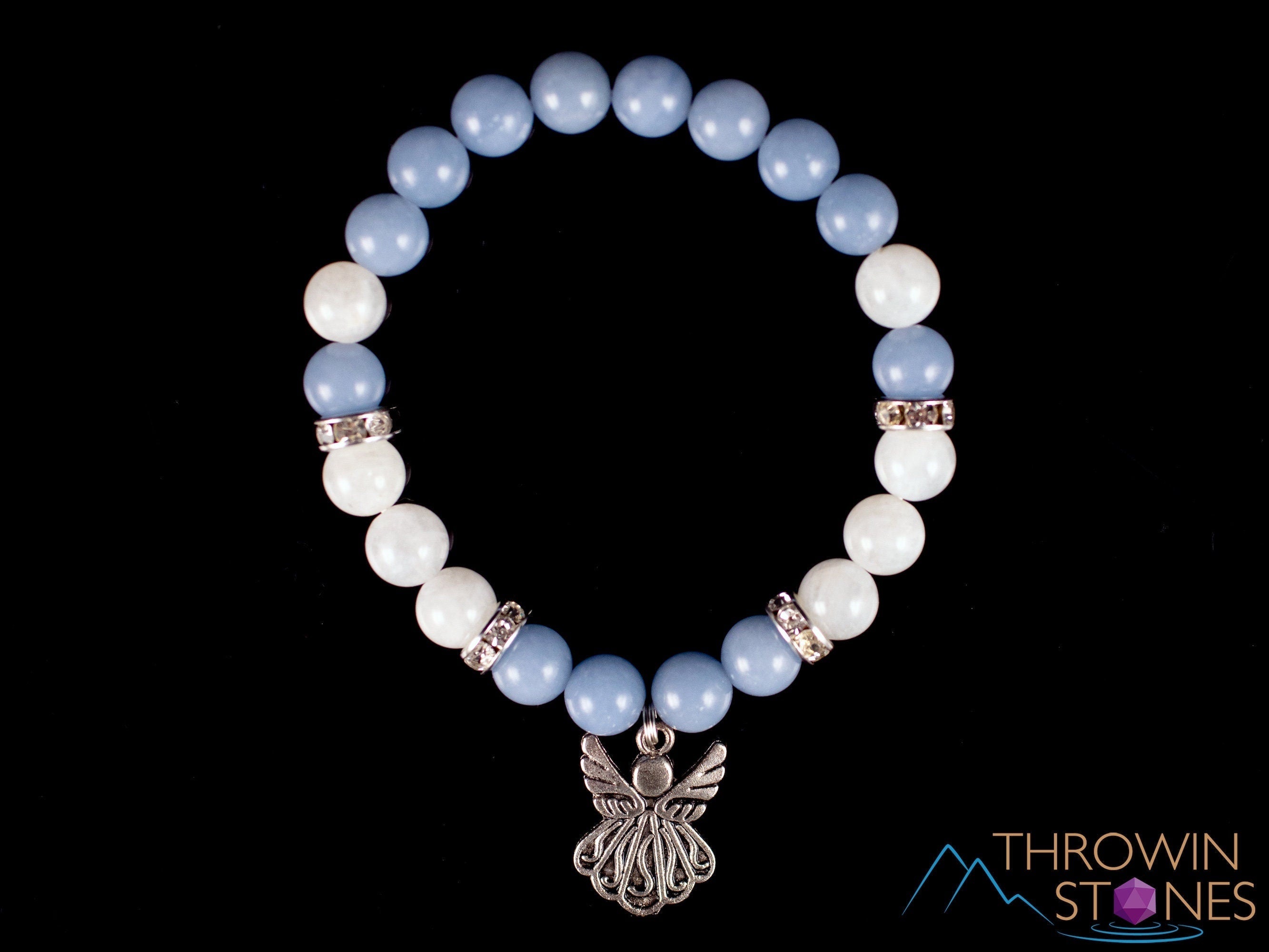 Angelite & Moonstone Crystal Bracelet - Angel Charm Beaded Bracelet with Round Beads | Handmade Healing Jewelry for Women | Spiritual Gift, Meditation & Energy Balancing Accessory (E2050)