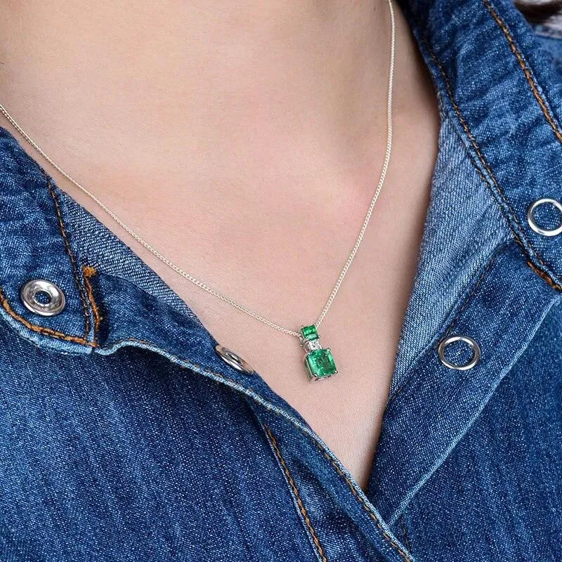 18K White Gold Princess Cut Emerald Pendant with Natural Diamonds - Elegant Women's Jewelry Gift for Anniversary, Birthday & Special Occasions