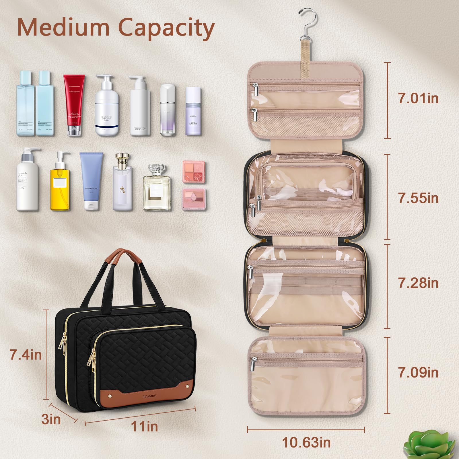 Wedama Hanging Travel Toiletry Bag for Women - Waterproof PVC Cosmetic Organizer with Jewelry Compartment, Medium Makeup Bag for Trips, Camping & Bathroom Use (Black+Brown) | Perfect for Business Travel, Gym & Weekend Getaways