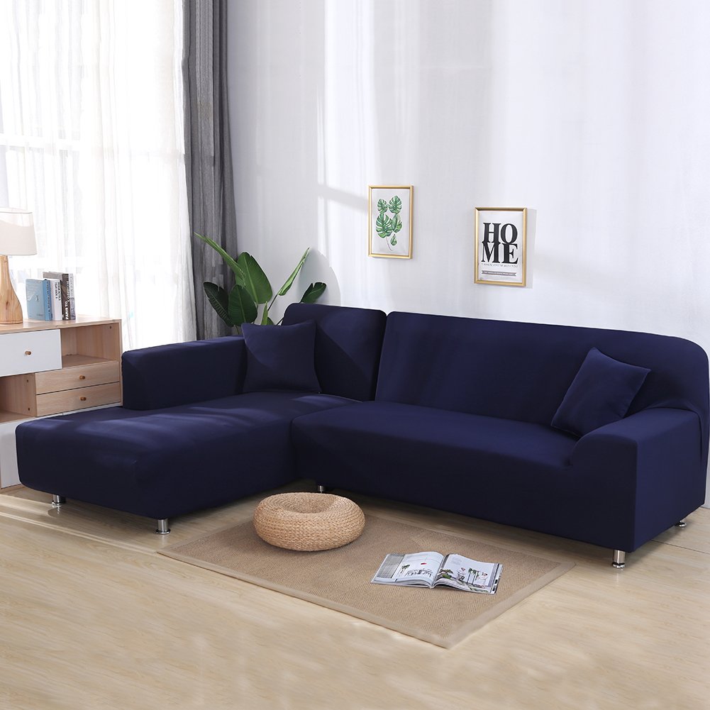 L-Shape Sectional Sofa Cover 2-Piece Set - Stretchable Polyester Slipcover for L-Shaped Couches with 2 Pillow Covers - Furniture Protector (Dark Blue, 3+3 Seater) - Perfect for Living Room, Family Room & Home Theater Comfort