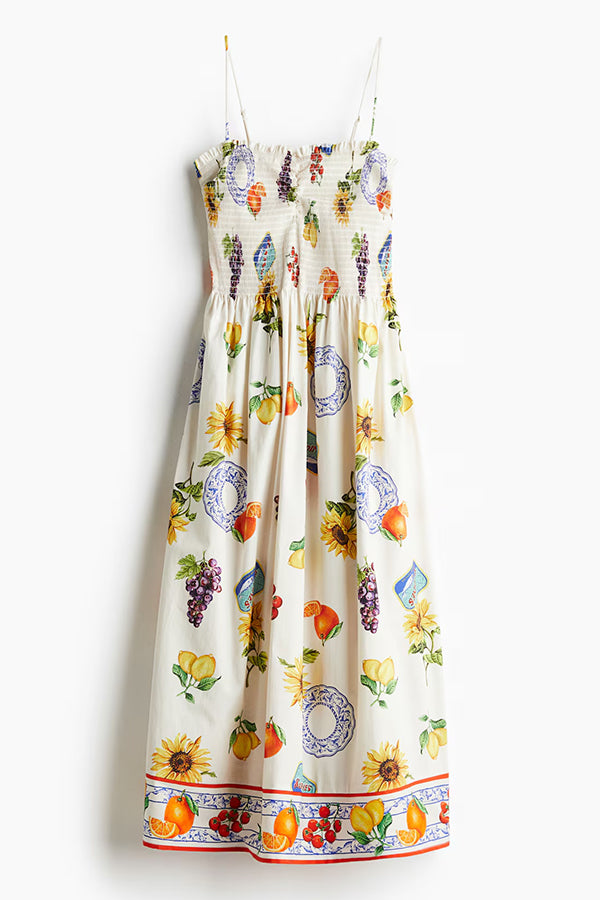 Stylish Summer Fruit Print Sling Pleated Midi Dress - Perfect for Vacation, Beach Outings & Casual Daywear