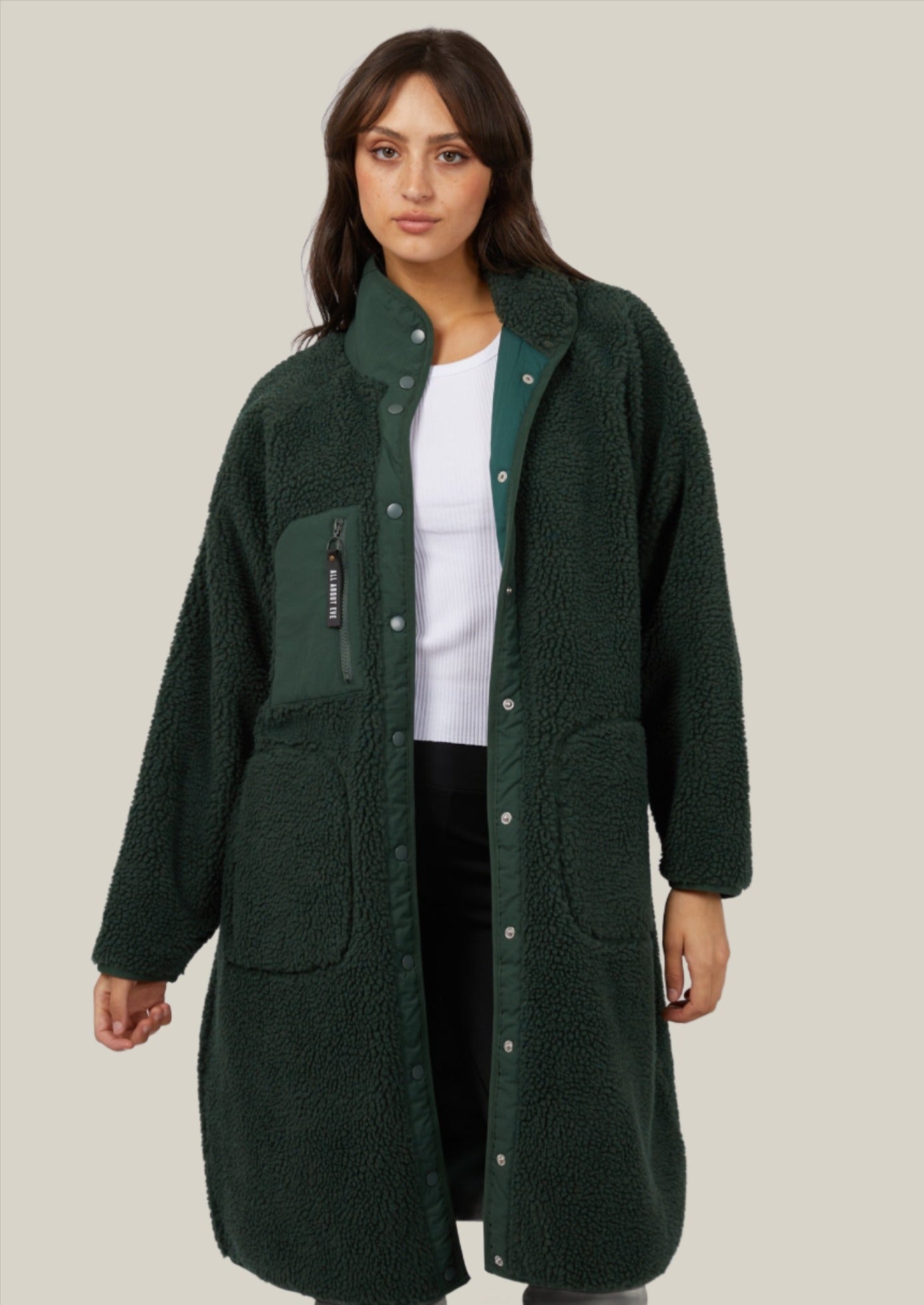 Active Teddy Longline Jacket for Women - Cozy Green Fleece Outerwear for Fall & Winter | Casual Streetwear, Loungewear, and Layering Essential