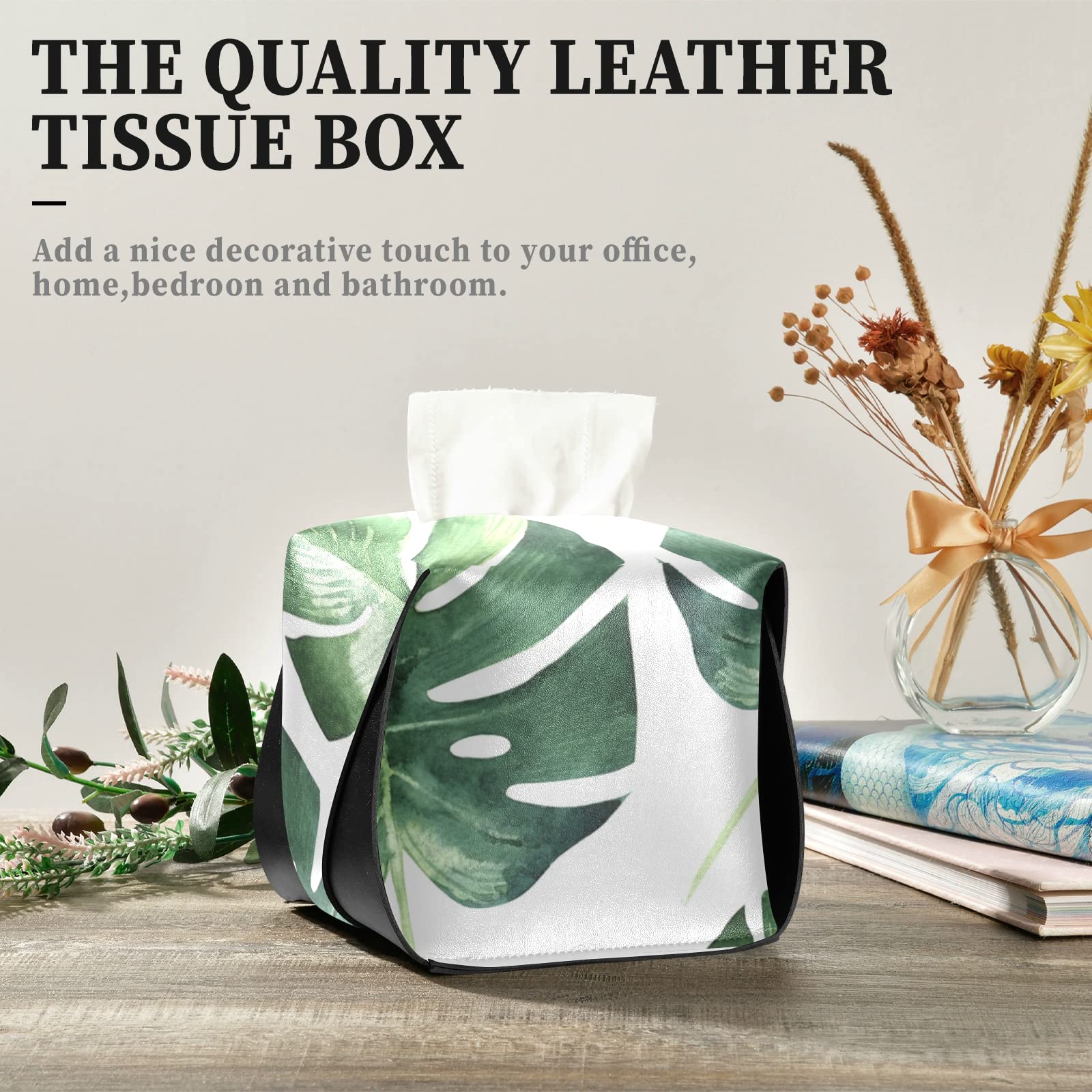 Eco-Friendly Tropical Palm Leaves Leather Tissue Box Cover - Seamless Jungle Design with Handle for Bathroom, Nightstand, Vanity & Office (9.4x5.1x3.6 inches) | Perfect for Home Decor, Car Interior & Gift Giving