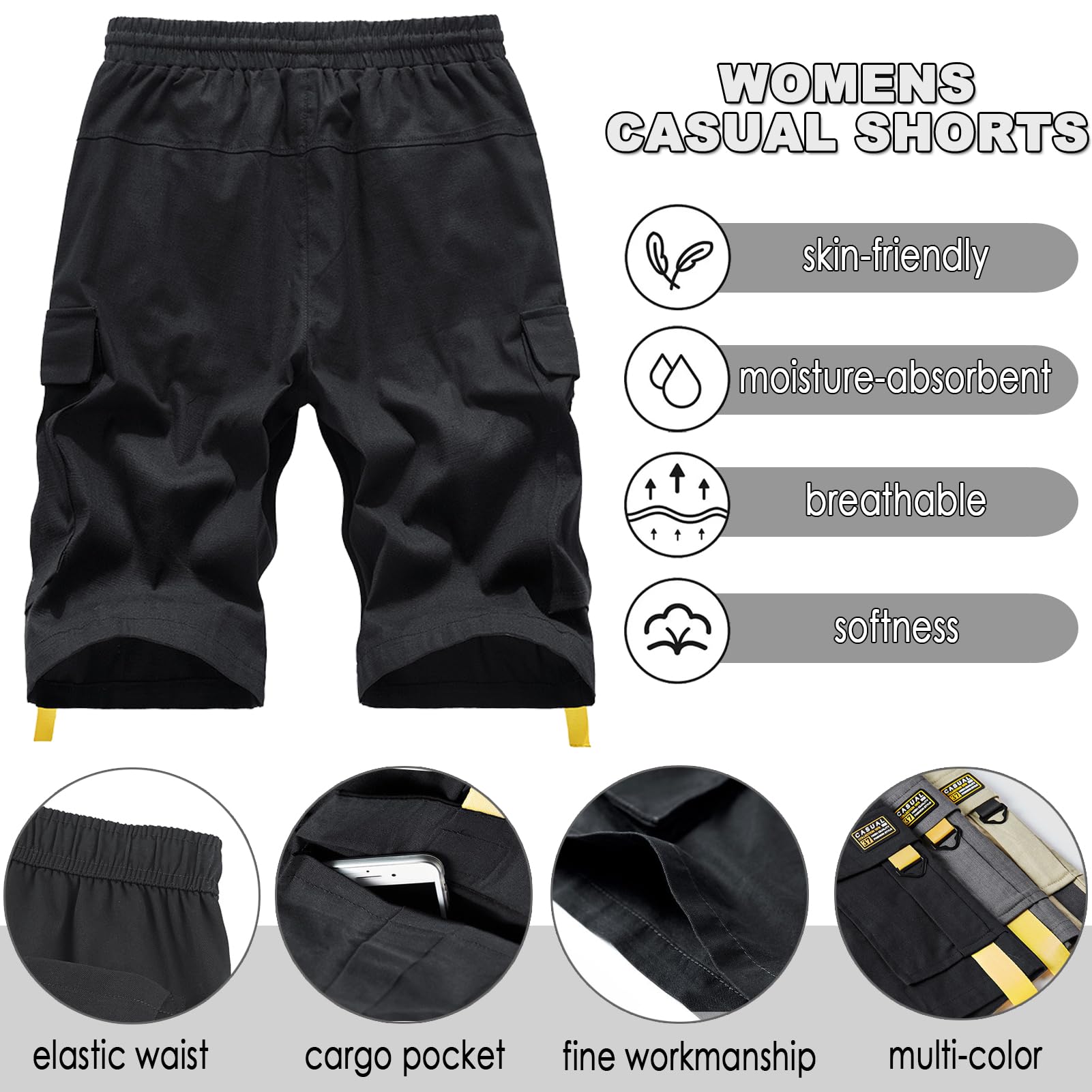 XinYangNi Women's Casual Cargo Shorts with Pockets - Elastic High Waist Drawstring Bermuda Shorts for Women | Perfect for Hiking, Travel & Summer Outdoor Activities