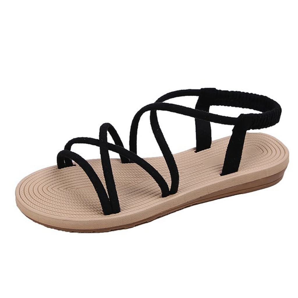 Women's Summer Sandals - Ankle Strap Roman Gladiator Flat Sandals with Elastic Band & Hollow Out Design | Casual Beach Shoes for Women | Black | Size 9.5 | Perfect for Vacation, Walking & Outdoor Activities