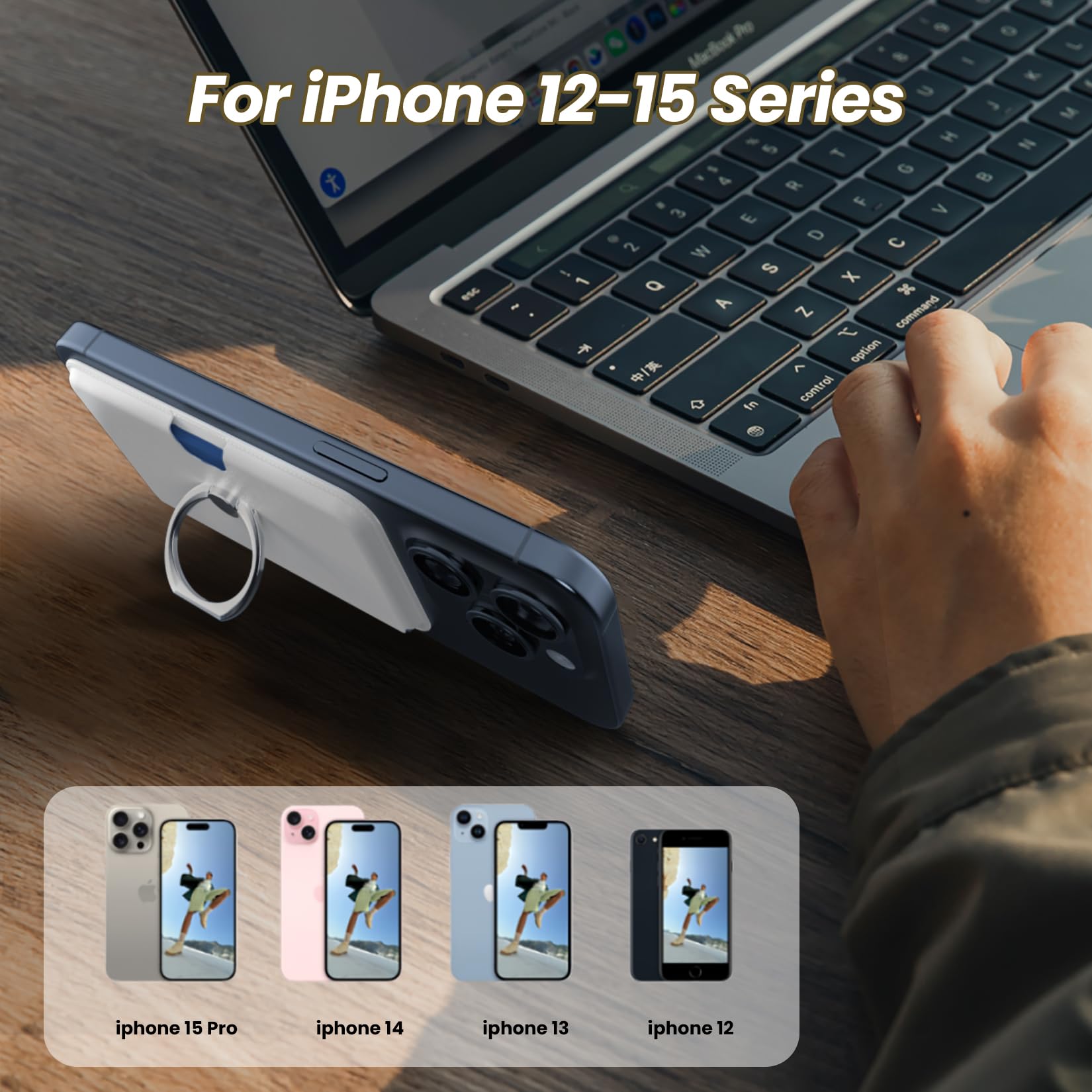 Magnetic Phone Wallet with Ring Holder - Sidepush MagSafe Card Holder, 360° Adjustable Stand for iPhone 15/14/13/12 Pro/ProMax | Slim Wallet Case for Credit Cards & Cash | Perfect for Work, Travel & Everyday Use