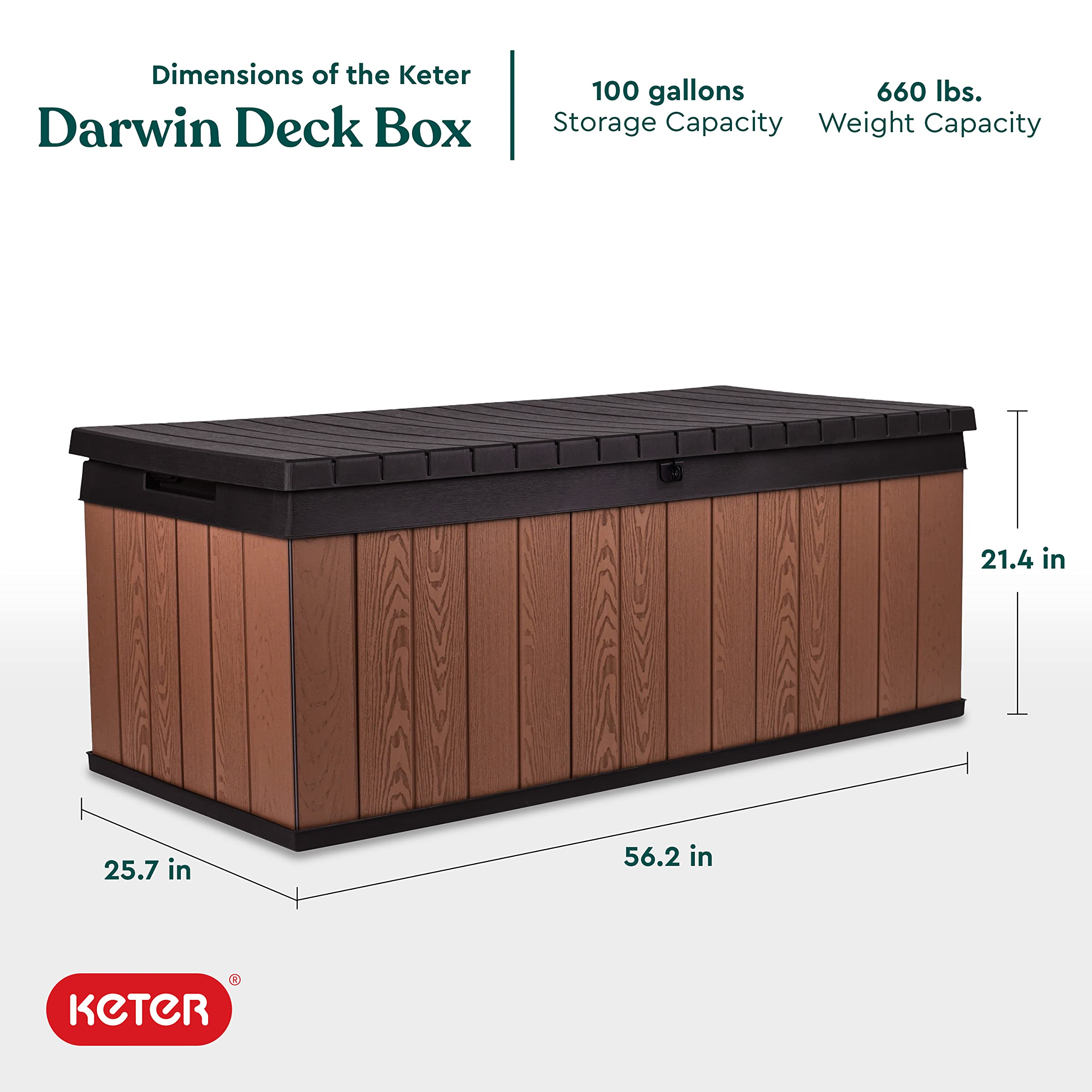 Keter Darwin 100 Gallon Resin Deck Box - Outdoor Storage Solution for Patio Furniture, Garden Tools & Cushions (Brown & Black) - Perfect for Backyard, Poolside & Deck Organization