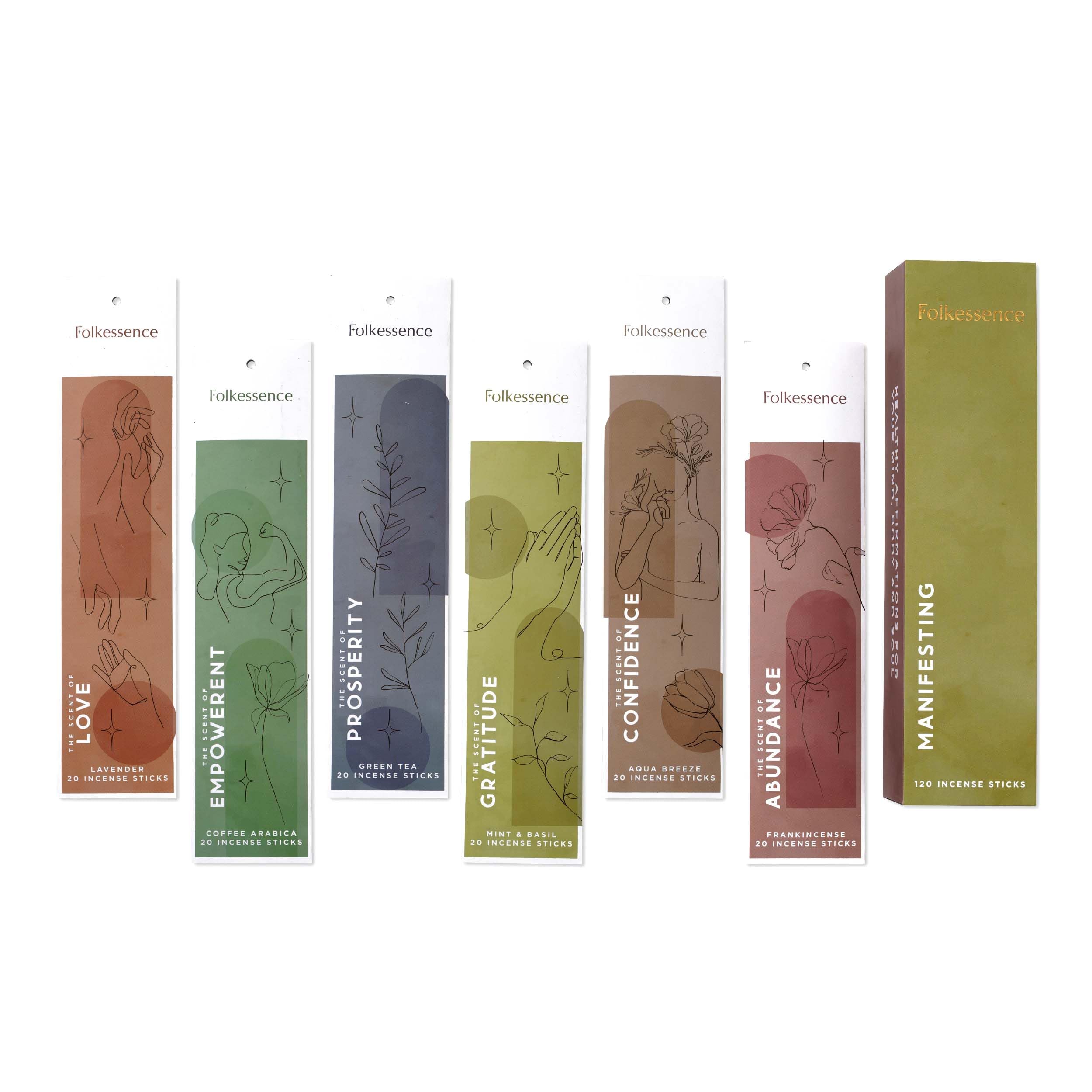Folkulture Incense Sticks Set - 6 Scents (120 Sticks) for Meditation & Relaxation - Frankincense, Coffee, Aqua Breeze, Mint Basil, Lavender, Green Tea - Perfect for Home, Yoga, Spa & Valentine's Day Gifts for Her