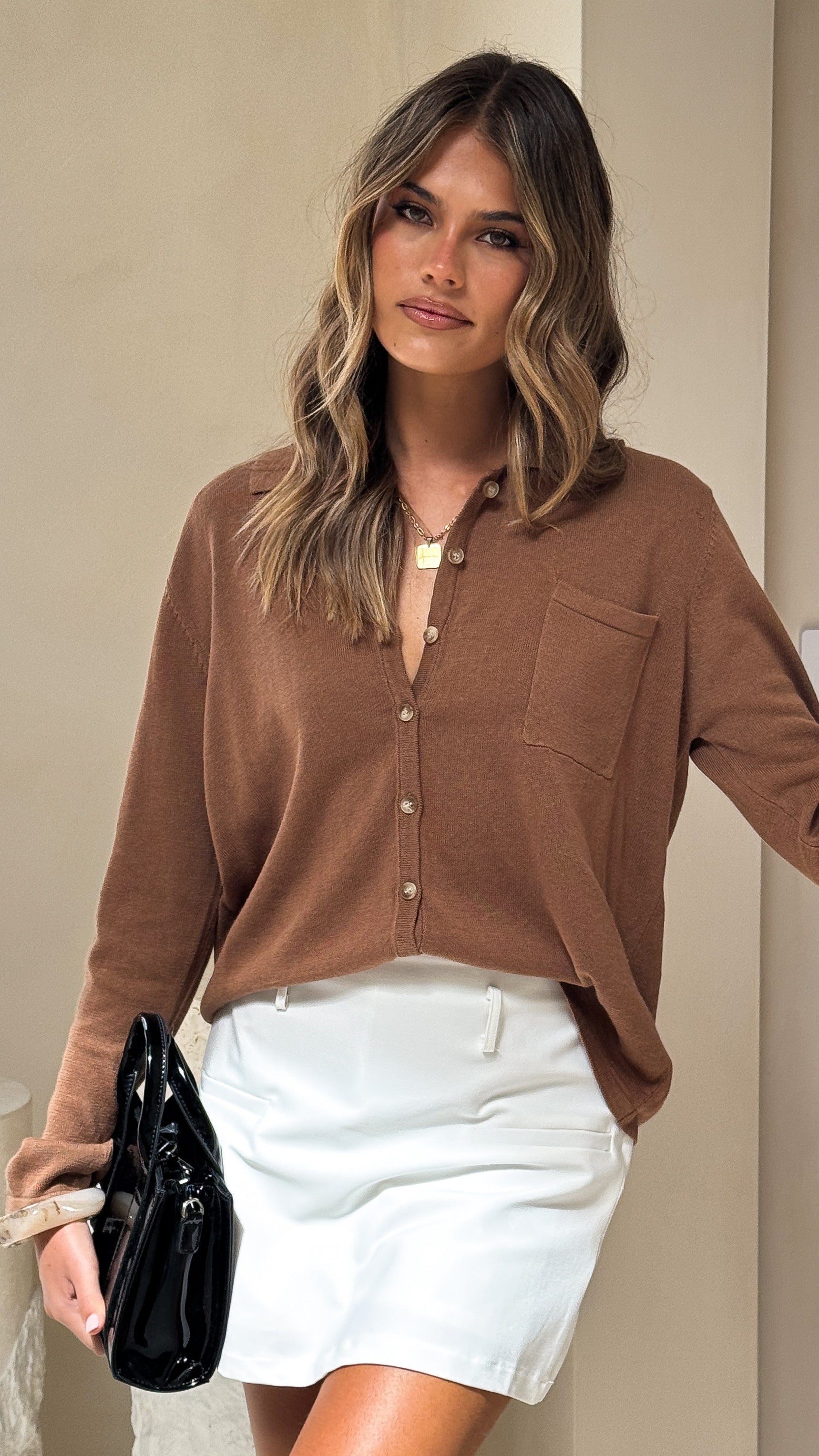 Klara Knitted Shirt Women's Casual Long Sleeve Crewneck Sweater - Soft Caramel Brown Fall Winter Tops for Work, Dating & Everyday Wear