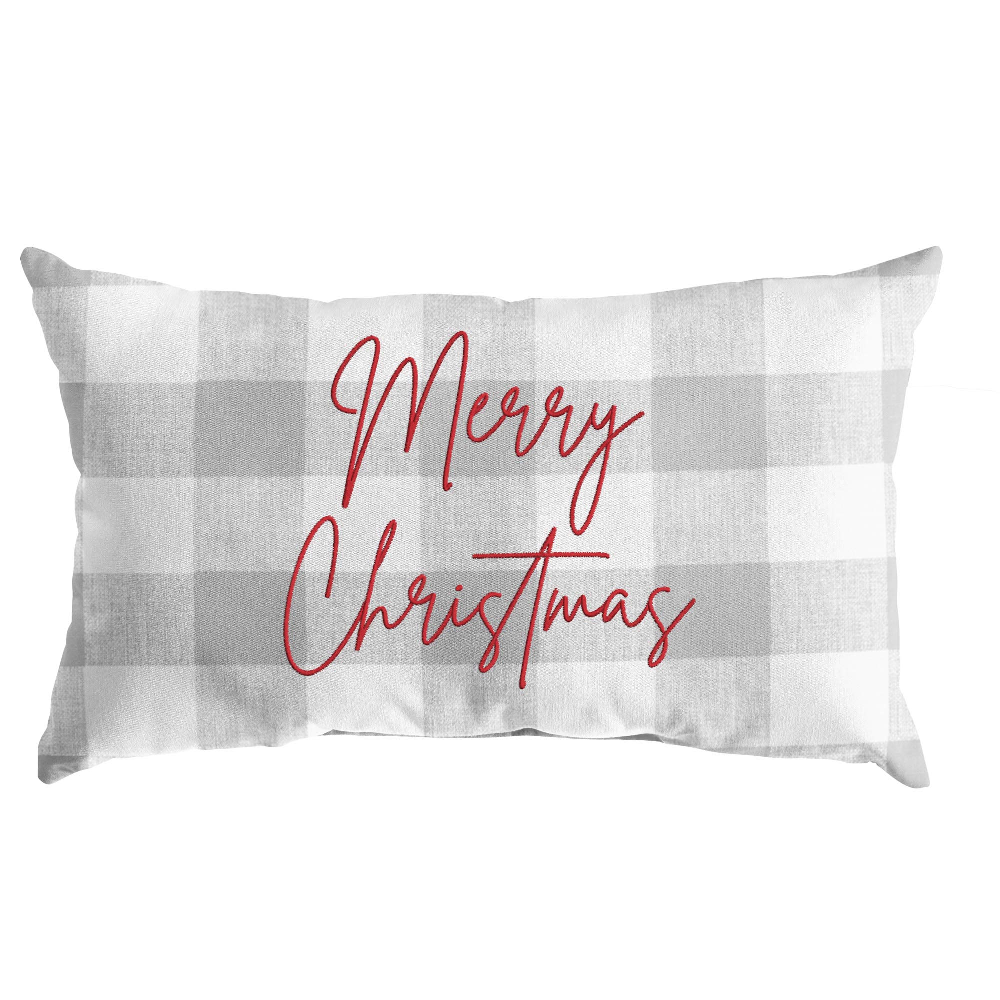 13x20 Gray White Red Merry Christmas Embroidered Lumbar Plaid Pillow for Sofa, Bed, and Porch Decor