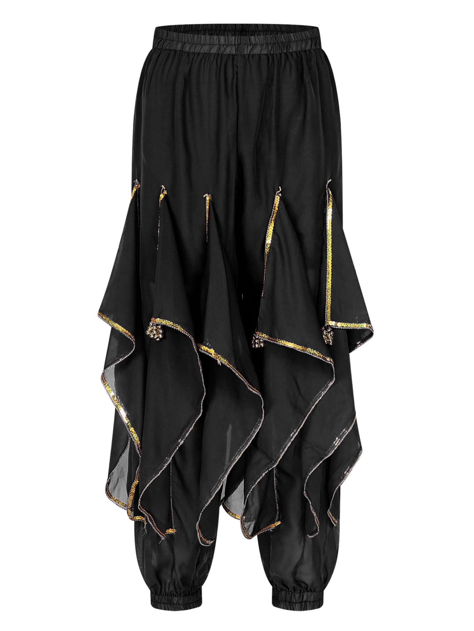 Women's Belly Dance Costume - Ruffle Harem Pants with Gold Trim for Tribal Arabic & Halloween Performances | Perfect for Dance Shows, Cosplay & Themed Parties