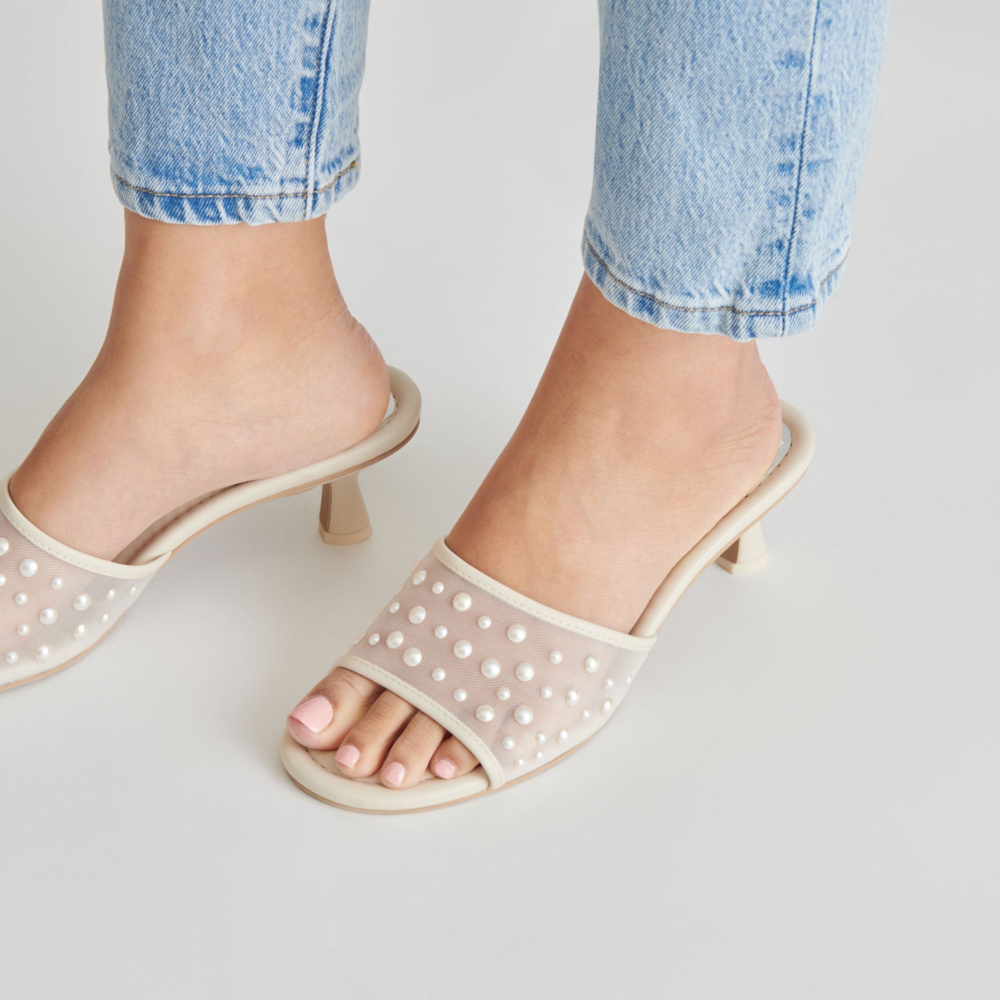 MEEZA PEARL HEELS IVORY MESH - Elegant Women's High Heels for Weddings, Parties & Special Occasions | Comfortable & Stylish Dress Shoes for Evening Events