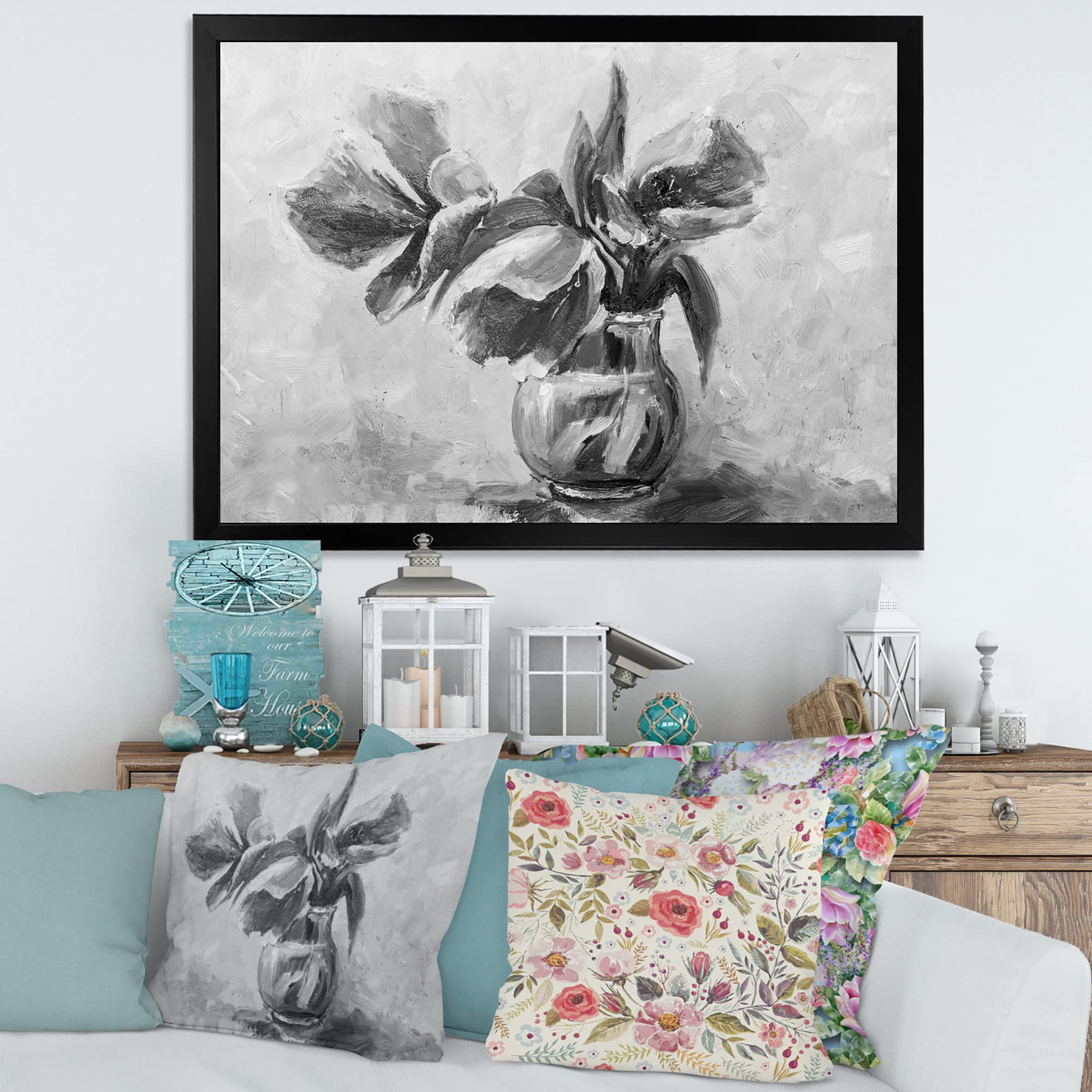 Monochrome Still Life Flower Vase Painting - Traditional Framed Wall Art Decor for Living Room, Bedroom & Office