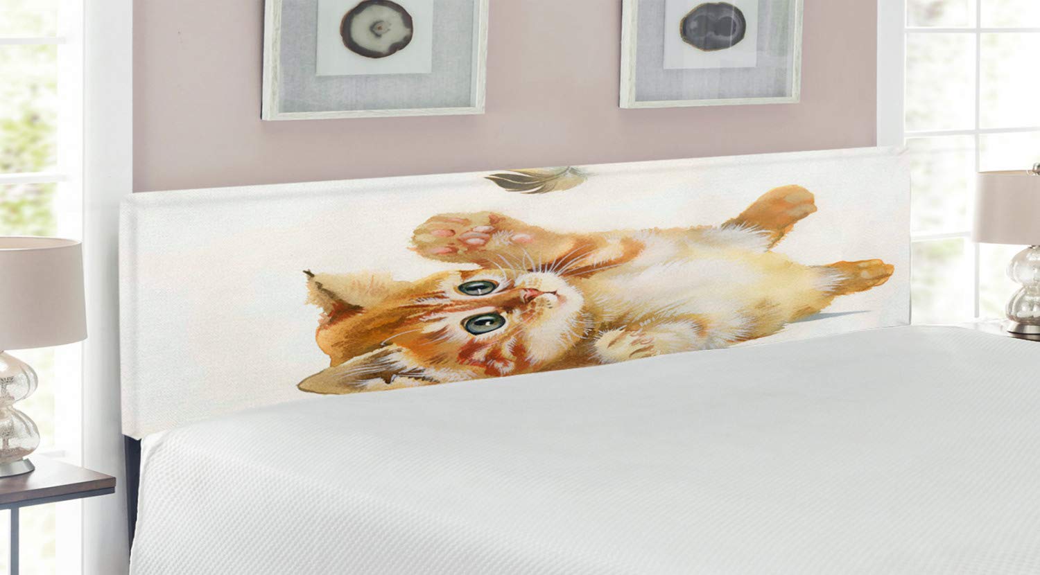 Ambesonne King Size Upholstered Metal Bed Headboard with Memory Foam - Hand Drawn Watercolor Cat Playing with Feather Illustration in Apricot Cream White - Perfect for Modern Bedroom Decor & Pet Lover's Home