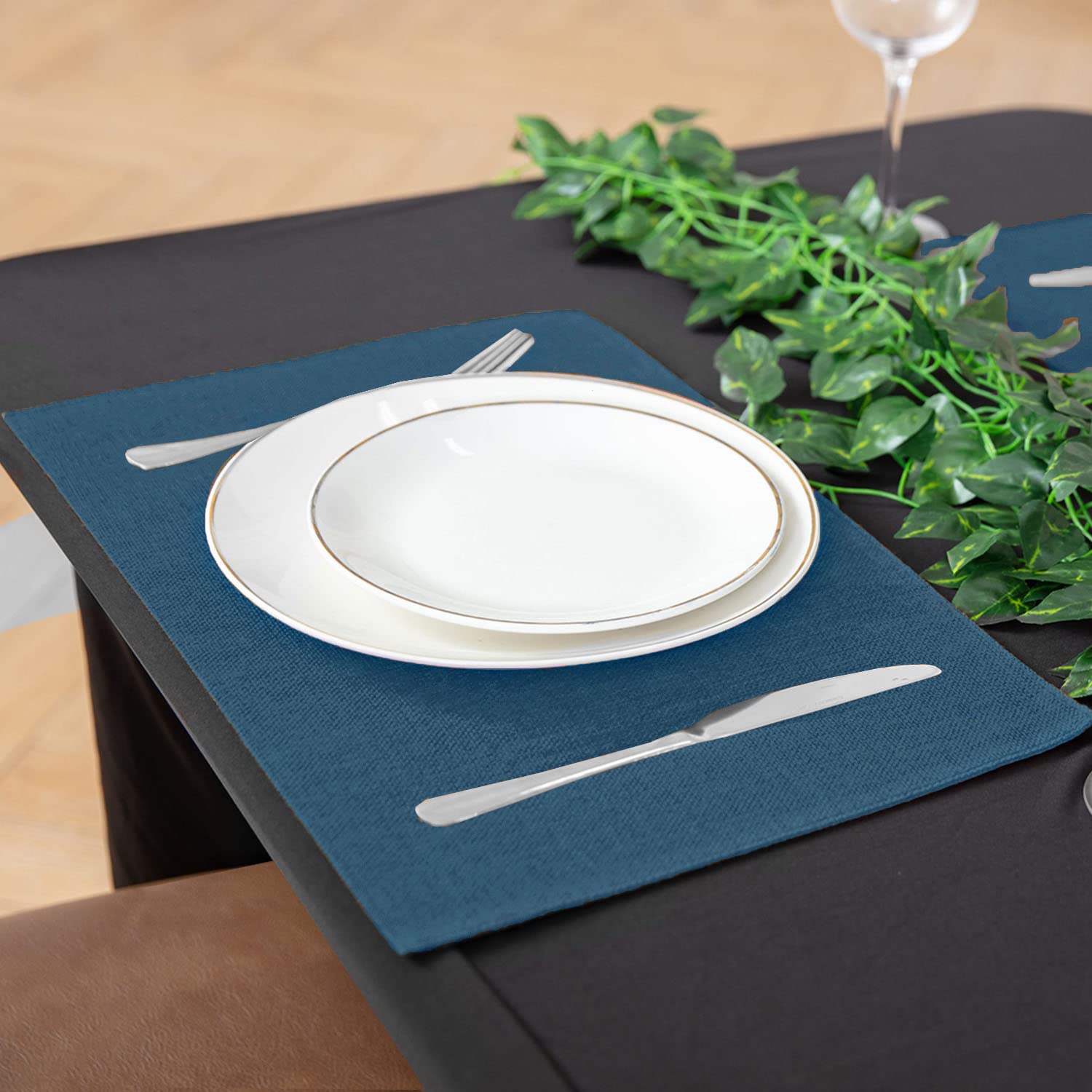 Premium 8-Piece Linen-Like Polyester Placemats Set - Machine Washable, Heat Resistant & Wrinkle-Free Thick Dining Table Mats for Kitchen & Formal Occasions (Navy Blue) | Perfect for Everyday Meals, Dinner Parties & Holiday Gatherings