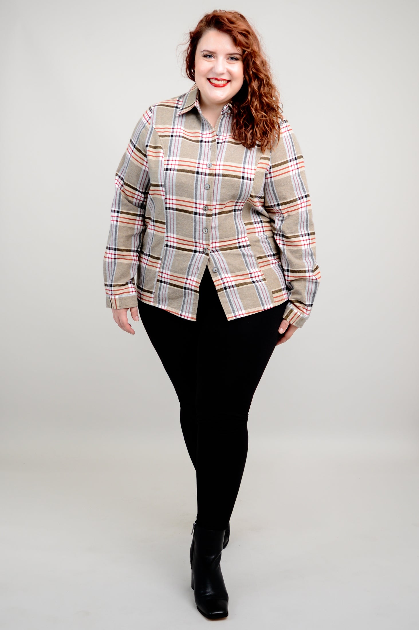 Alexis Top - Taupe Plaid Cotton Flannel Shirt for Women | Cozy Fall & Winter Layering Essential
