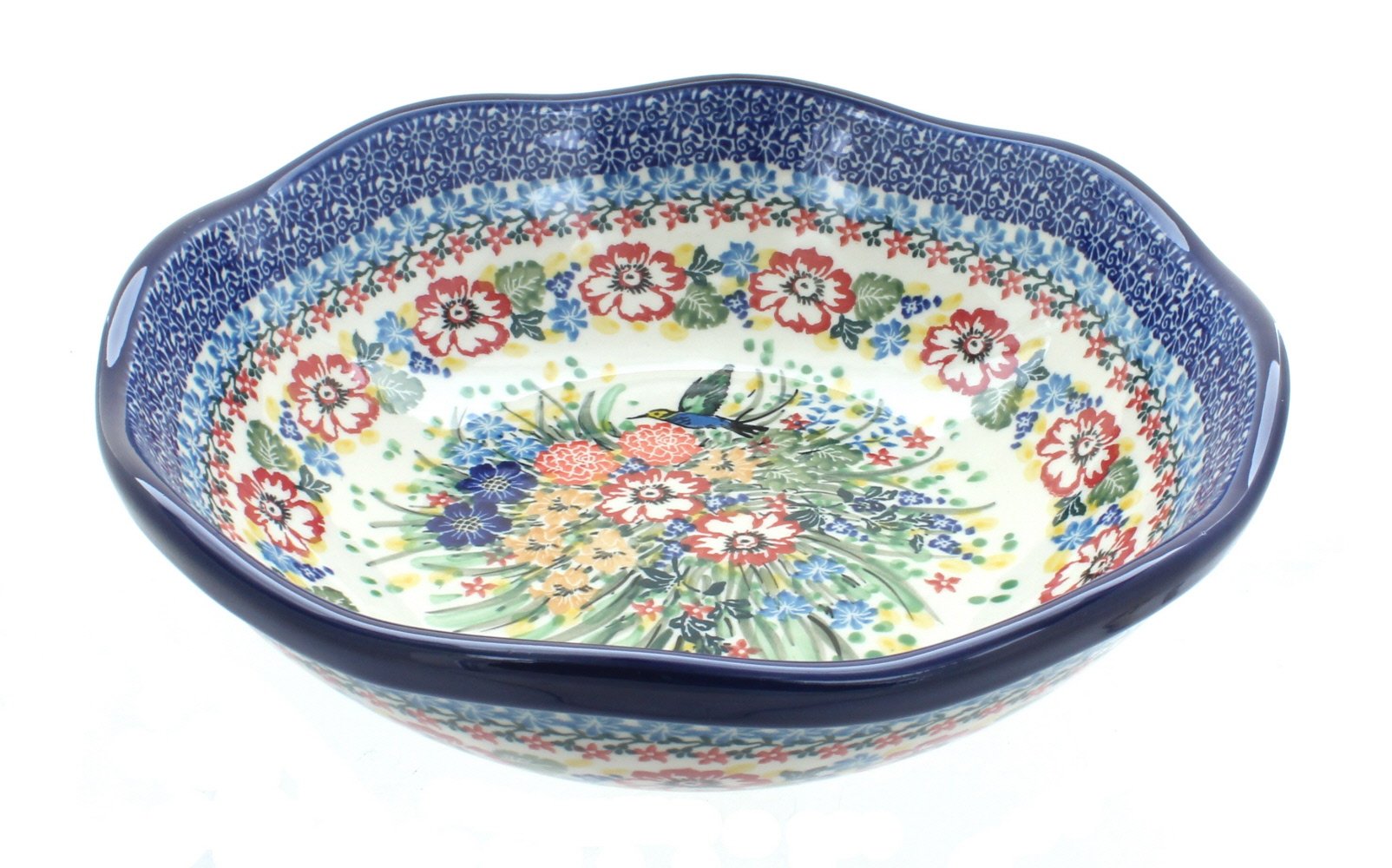 Blue Rose Polish Pottery Hummingbird Large Scallop Bowl - Handmade Ceramic Serving Dish for Home Decor, Dining & Gift Giving - Perfect for Salads, Fruits & Entertaining Guests