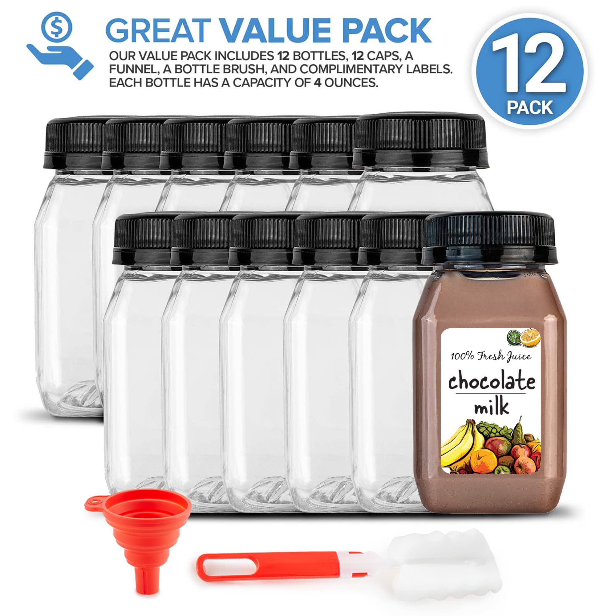 Stock Your Home 4oz Mini Bottles for Mini Fridge - Reusable Juice Containers with Black Caps - Small Plastic Bottles for Liquids, Lunch Box & Juicing - Clear Empty Containers with Lids (12 Pack) - Perfect for Meal Prep, Office Snacks & Travel Essentials