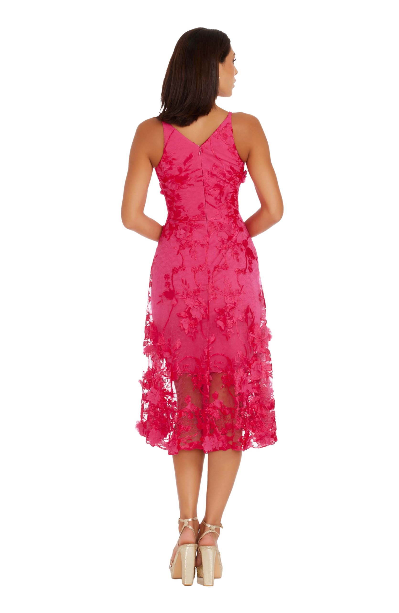 Dress the Population Women's Audrey Spaghetti Strap Midi A-line 3D Floral Dress - Elegant Summer Cocktail Party & Wedding Guest Dress