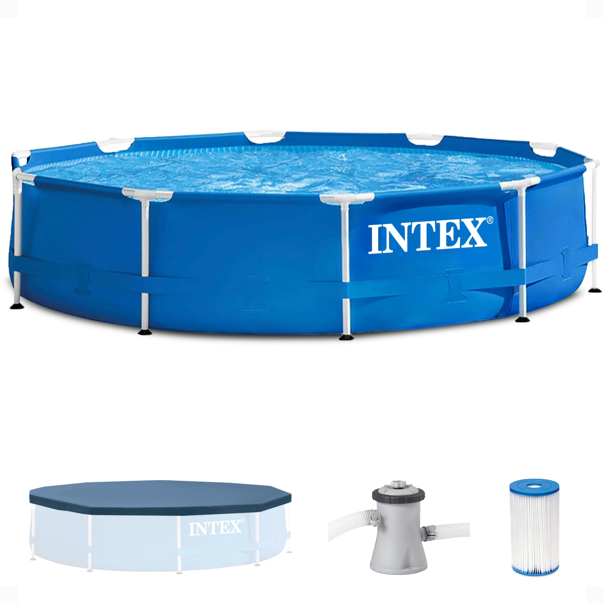 Intex 10ft x 30in Round Metal Frame Above Ground Outdoor Swimming Pool Set with 330 GPH Filter Pump, Cartridge & Protective Cover - Perfect for Backyard Fun, Family Gatherings & Summer Cooling