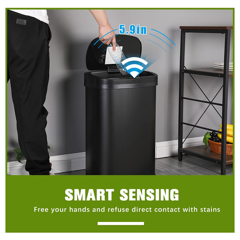 13 Gallon Automatic Touchless Stainless Steel Trash Can with Lid - Sensor Motion Garbage Bin for Kitchen, Bathroom, Bedroom & Office - Durable Brushed Metal Waste Bin (50L, 17.3x23.6 Inches, Black) - Perfect for Hands-Free Hygiene & Modern Home Decor