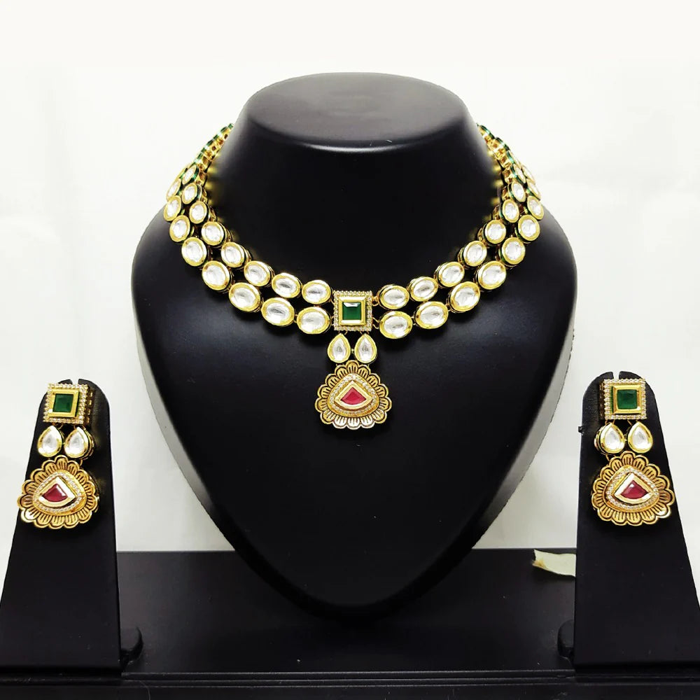 Designer Gold Plated Royal Kundan Necklace and Earrings Set (D846) - Perfect for Weddings, Parties & Special Occasions
