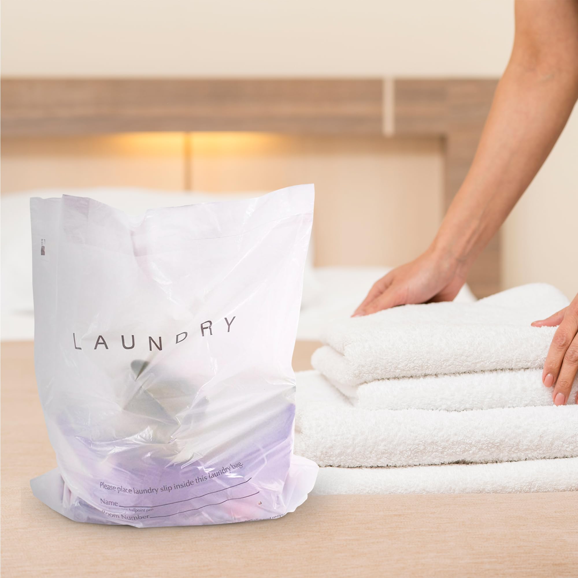 1000 Pack Disposable Travel Laundry Bags - 18x19x4 Inch White Hotel Plastic Bags for Dirty Clothes, 0.9 Mil Semi-Translucent Drawstring Bags with Write-On Block - Perfect for Hotels, Hospitals, Gyms & Travel Organization